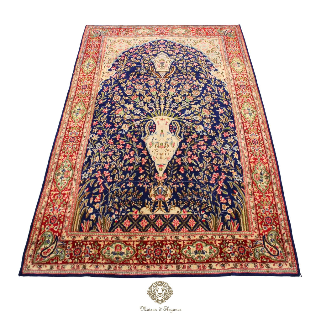 Rare Persian Kerman Prayer Rug | King Blue Mille Fleur Crown Pattern Wool natural dyed