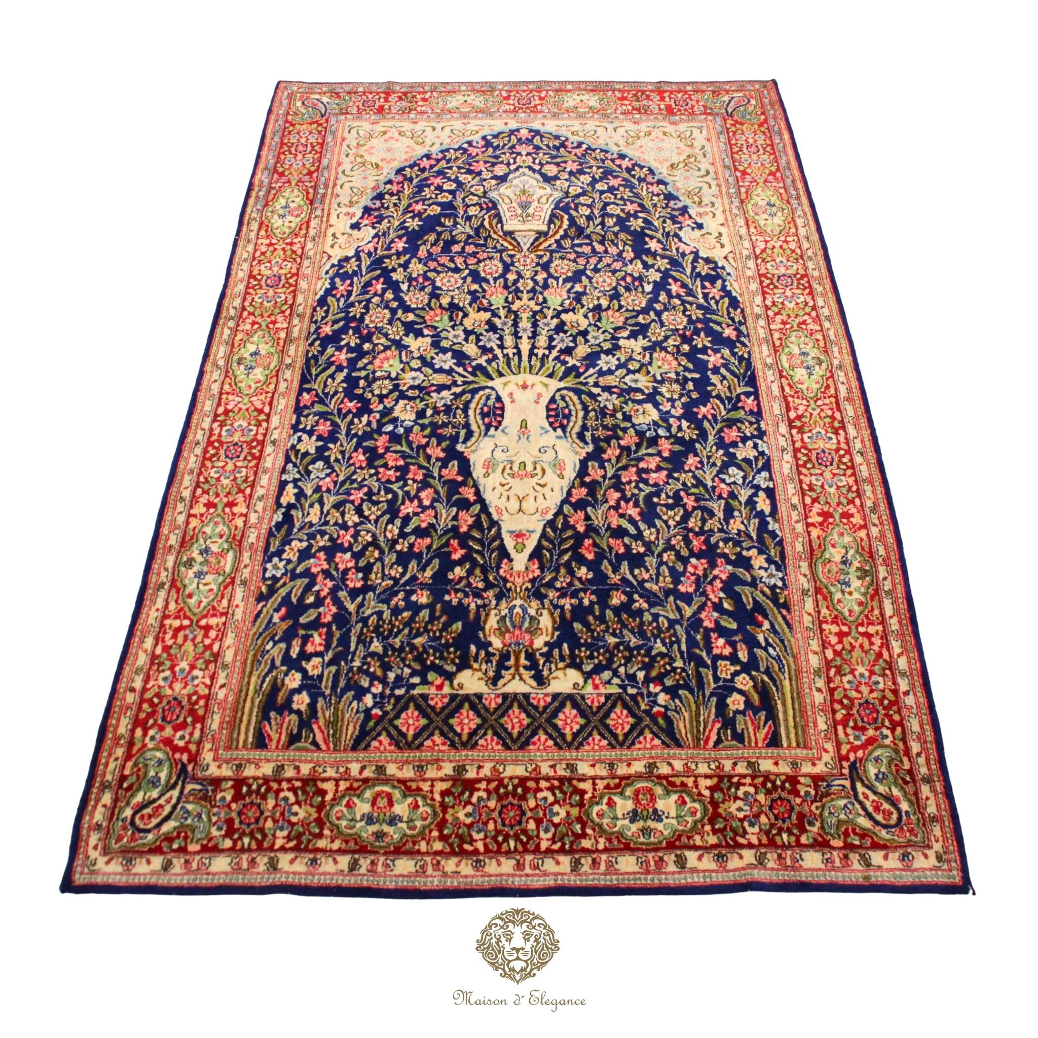 Rare Persian Kerman Prayer Rug | King Blue Mille Fleur Crown Pattern Wool natural dyed