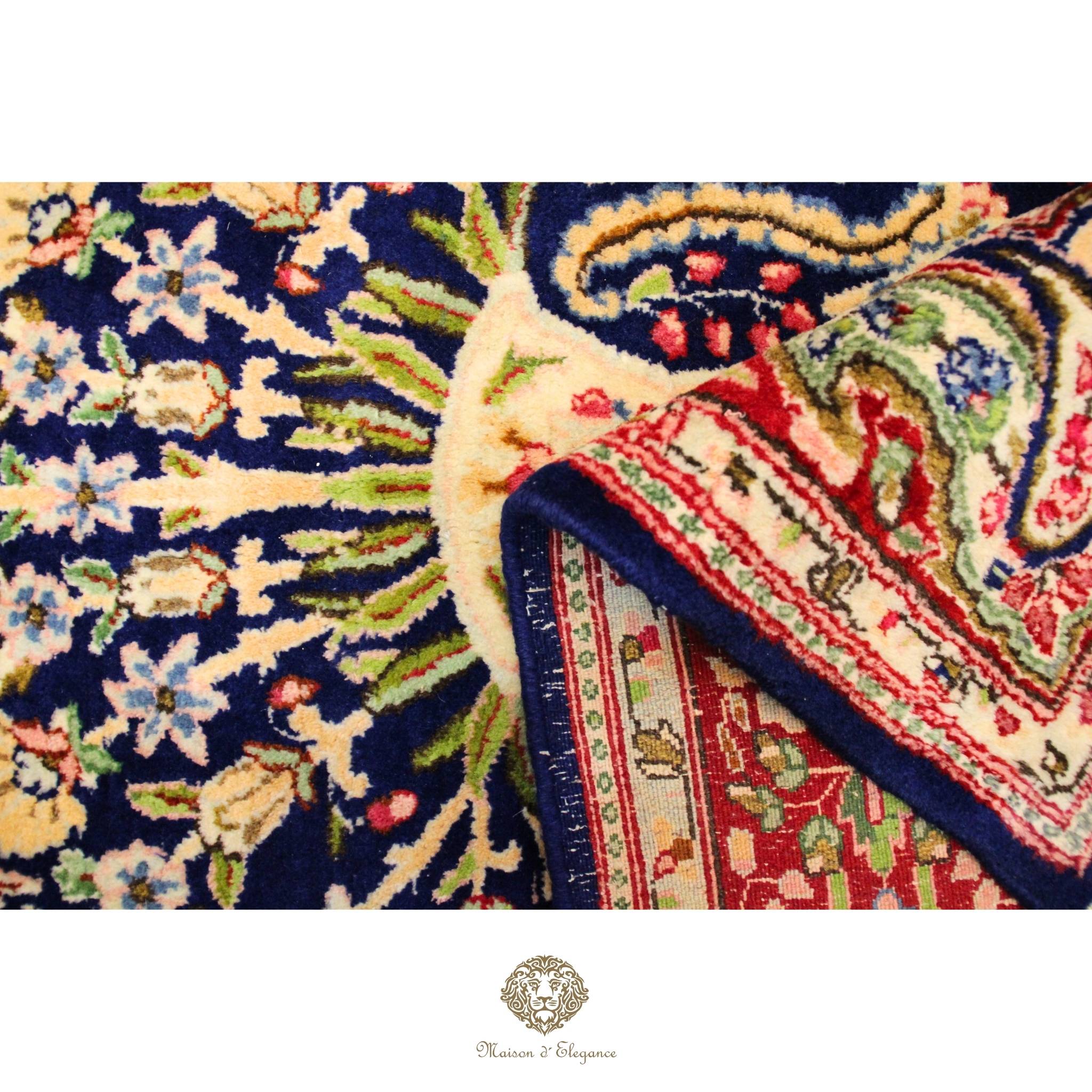 Rare Persian Kerman Prayer Rug | King Blue Mille Fleur Crown Pattern Wool natural dyed