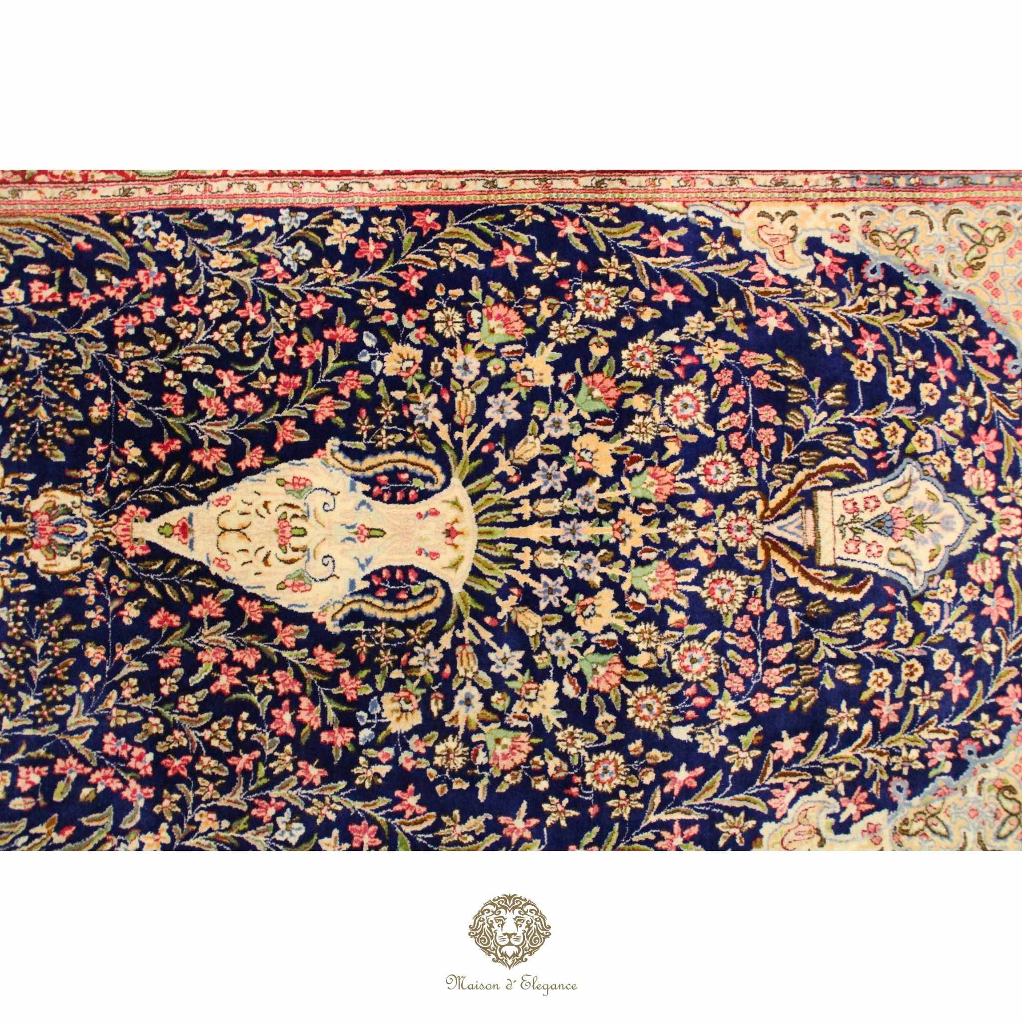 Rare Persian Kerman Prayer Rug | King Blue Mille Fleur Crown Pattern Wool natural dyed