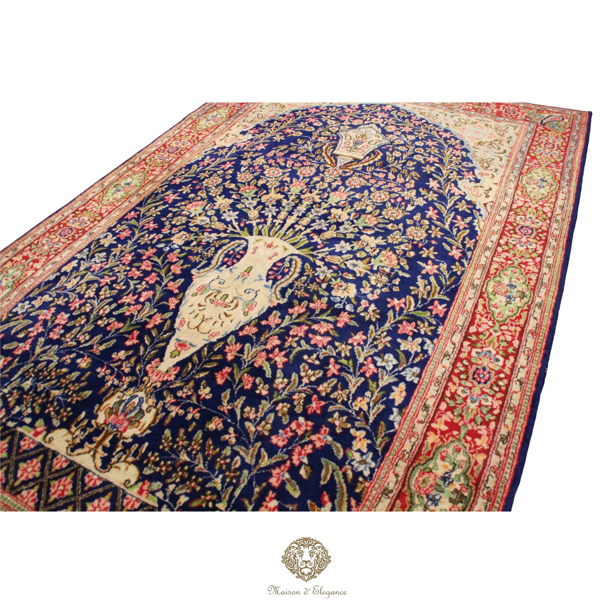 Rare Persian Kerman Prayer Rug | King Blue Mille Fleur Crown Pattern Wool natural dyed
