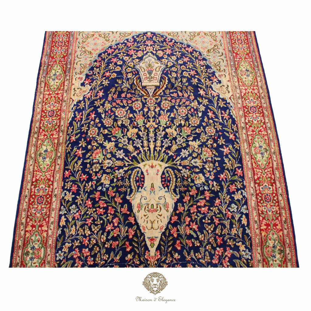 Rare Persian Kerman Prayer Rug | King Blue Mille Fleur Crown Pattern Wool natural dyed