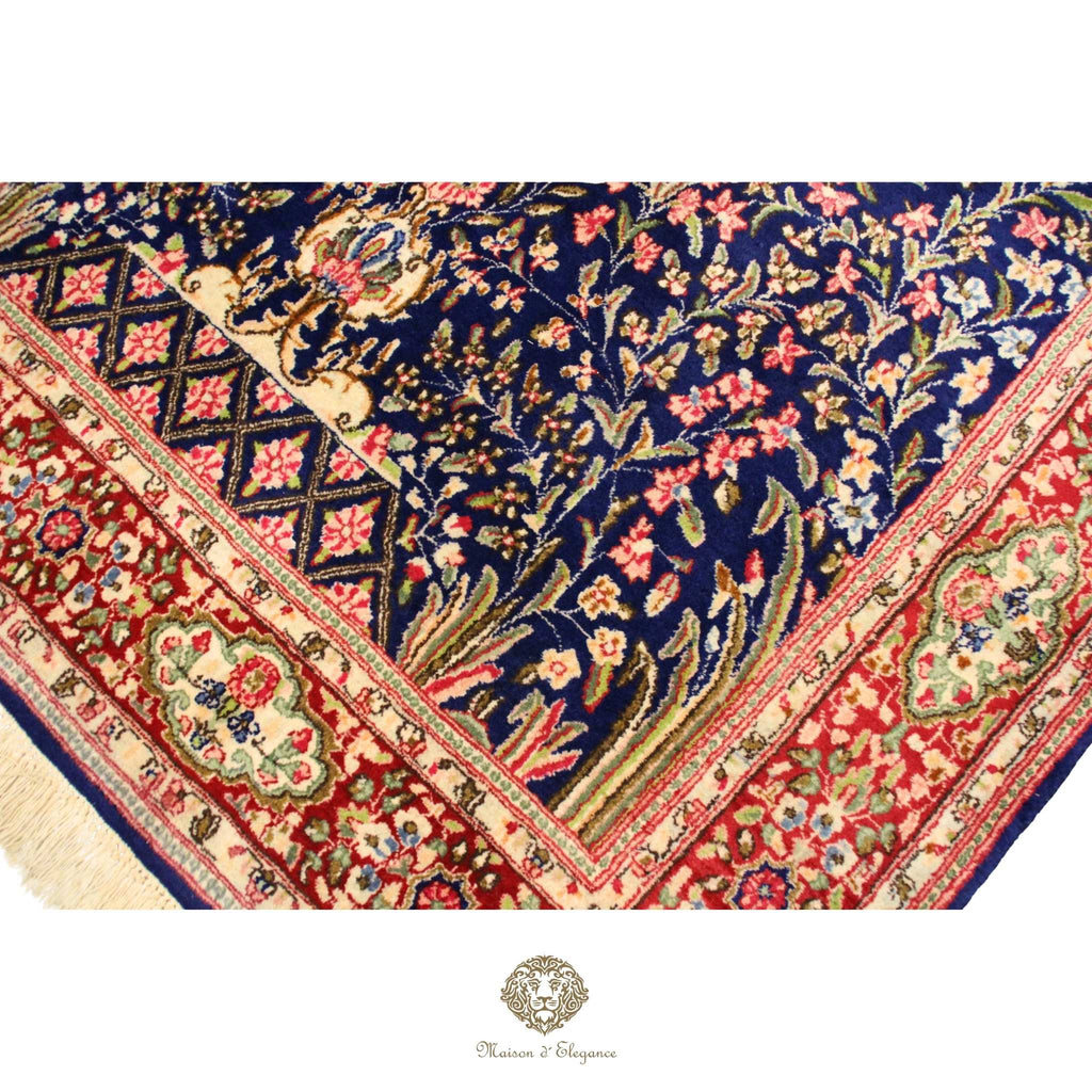 Rare Persian Kerman Prayer Rug | King Blue Mille Fleur Crown Pattern Wool natural dyed