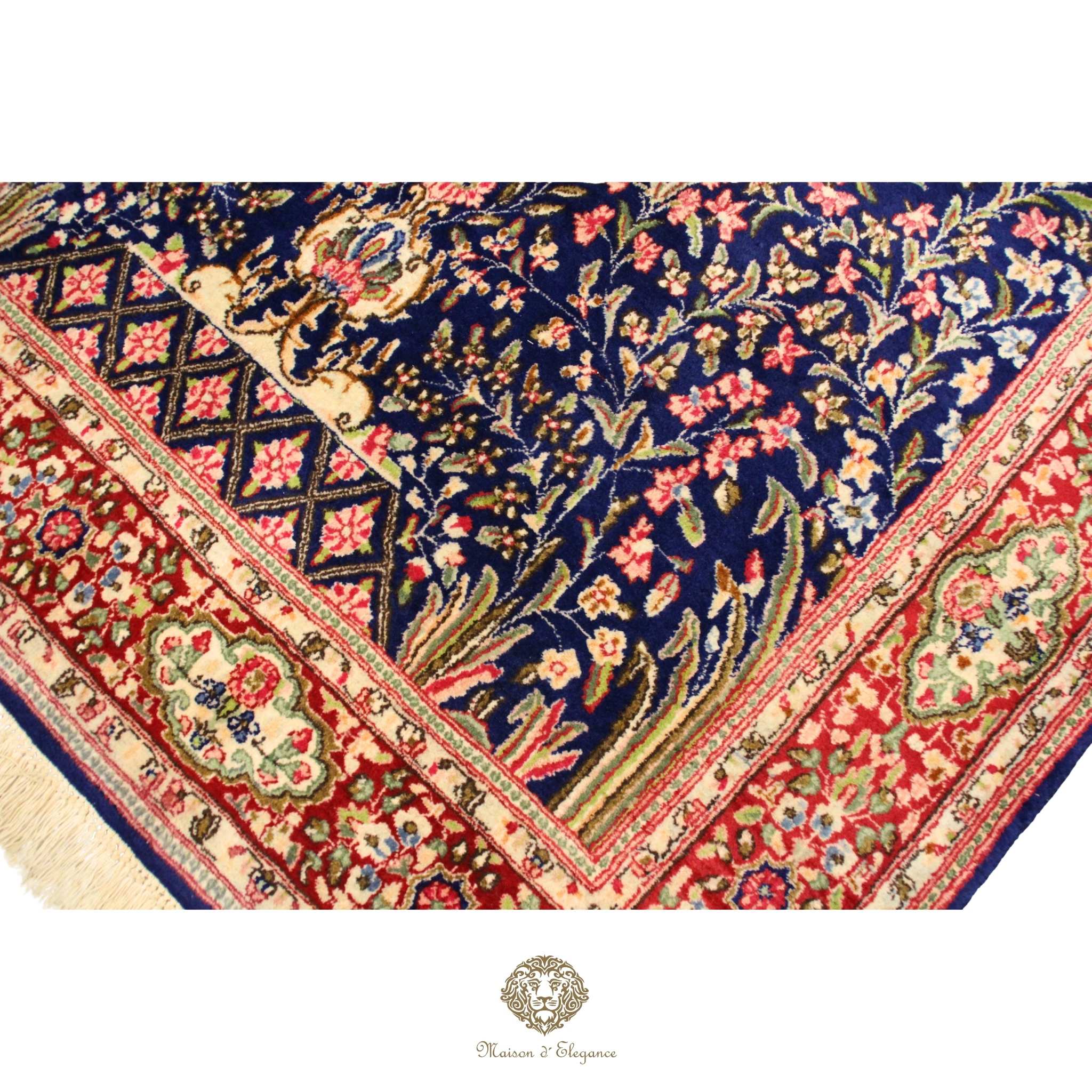 Rare Persian Kerman Prayer Rug | King Blue Mille Fleur Crown Pattern Wool natural dyed