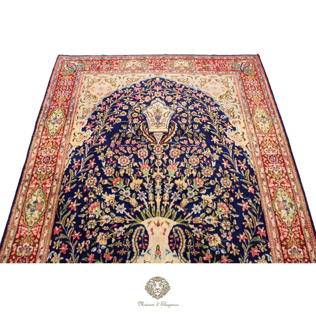Rare Persian Kerman Prayer Rug | King Blue Mille Fleur Crown Pattern Wool natural dyed