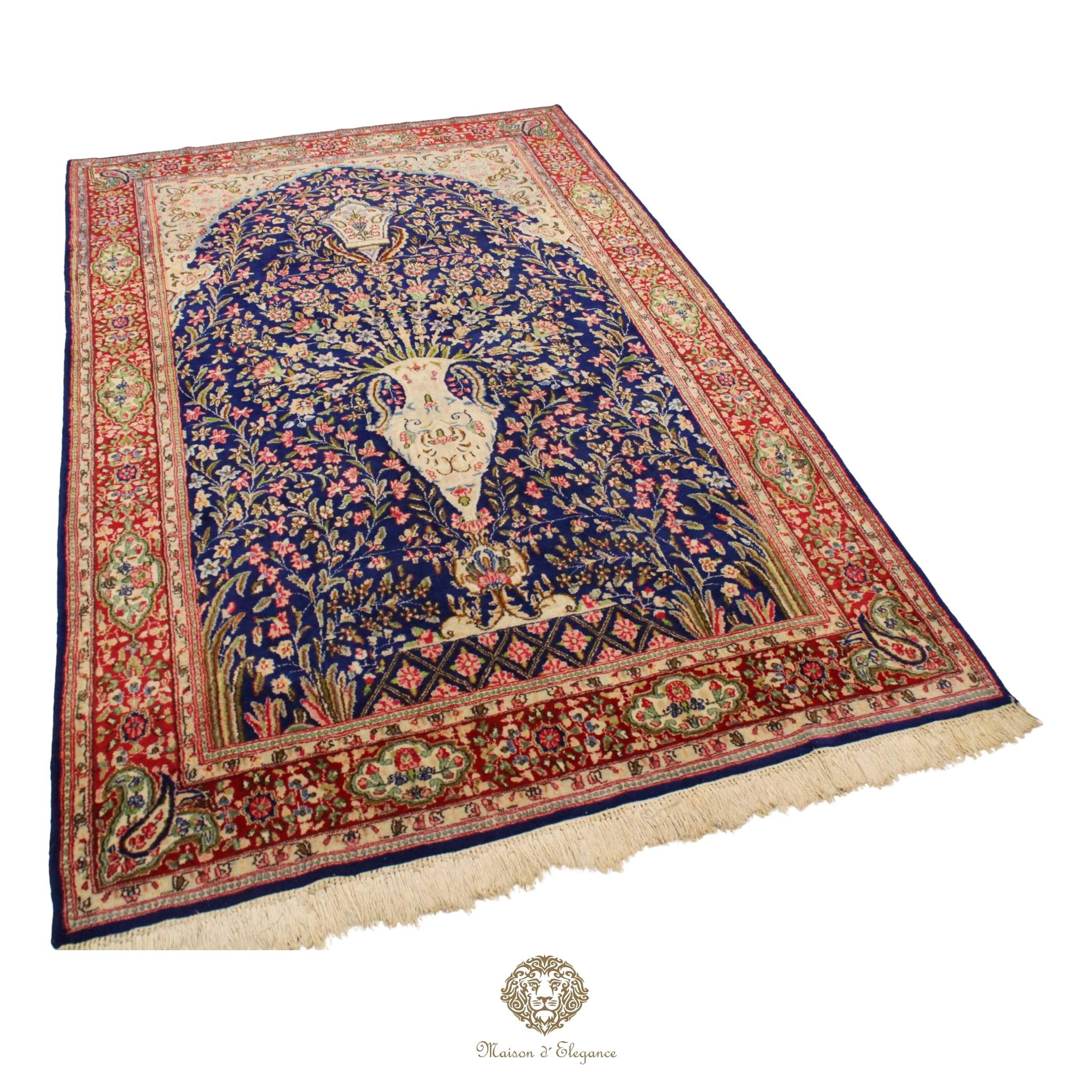 Rare Persian Kerman Prayer Rug | King Blue Mille Fleur Crown Pattern Wool natural dyed