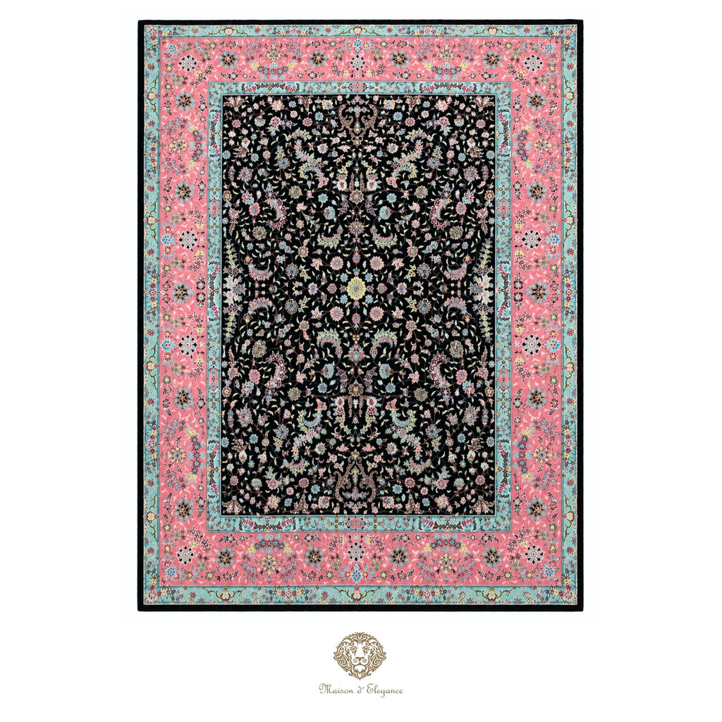 Decorative rug with a black central pattern and colorful border on a white background