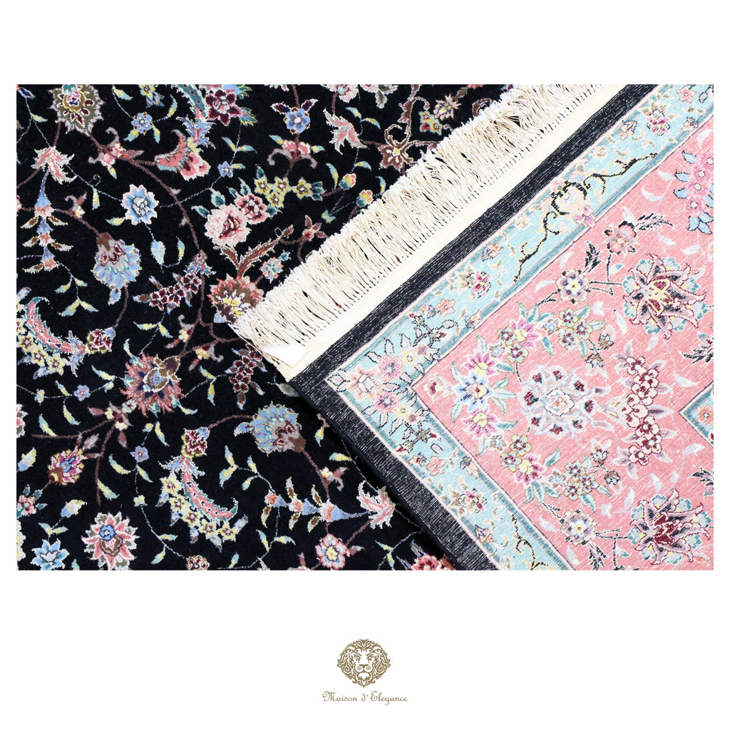 Two floral-patterned rugs, one black and one pink, with a visible brand logo at the bottom.