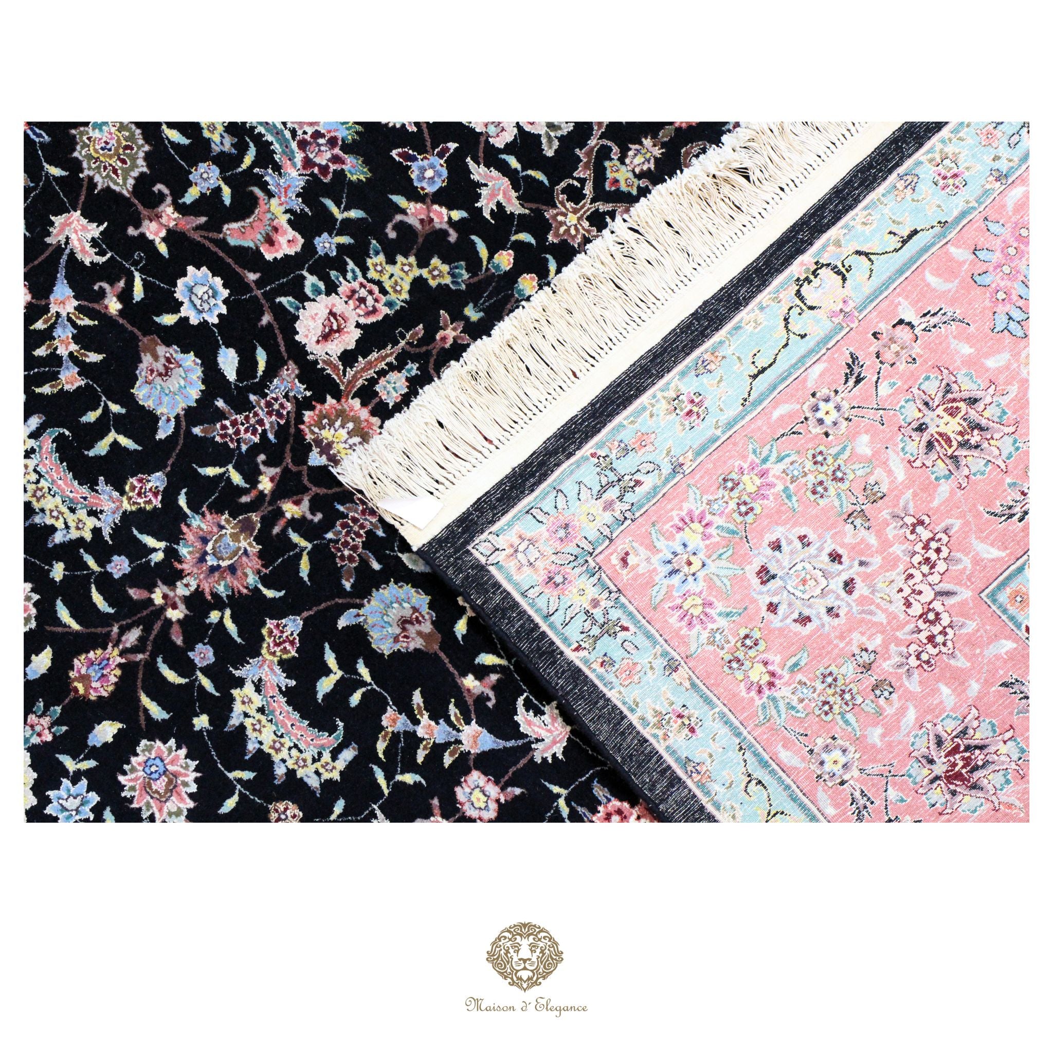 Two floral-patterned rugs, one black and one pink, with a visible brand logo at the bottom.