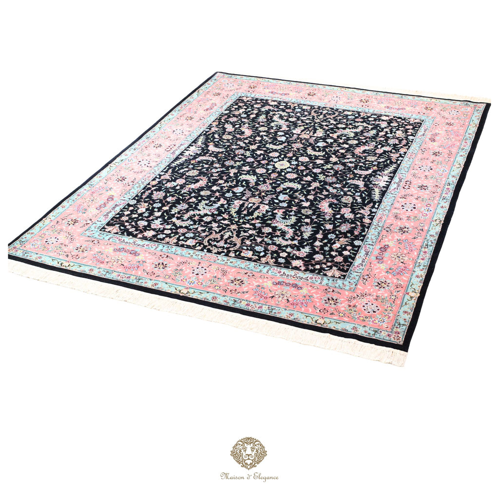 Alfombra de lana estilo Tabriz, superfina color negro marfil con diseño floral | Elegancia 243x330 cm