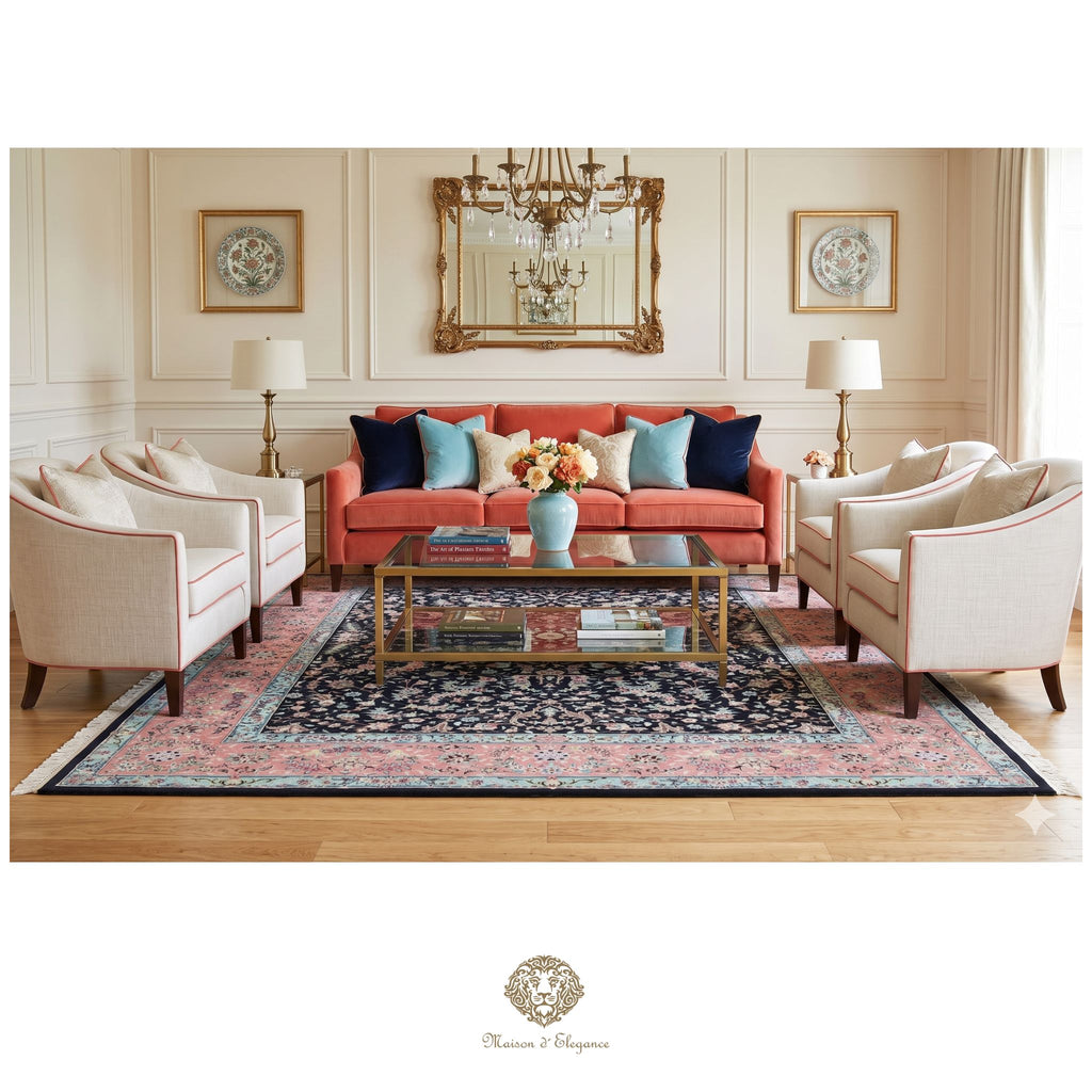 Living room with red sofa, beige armchairs, and a coffee table on a patterned rug.