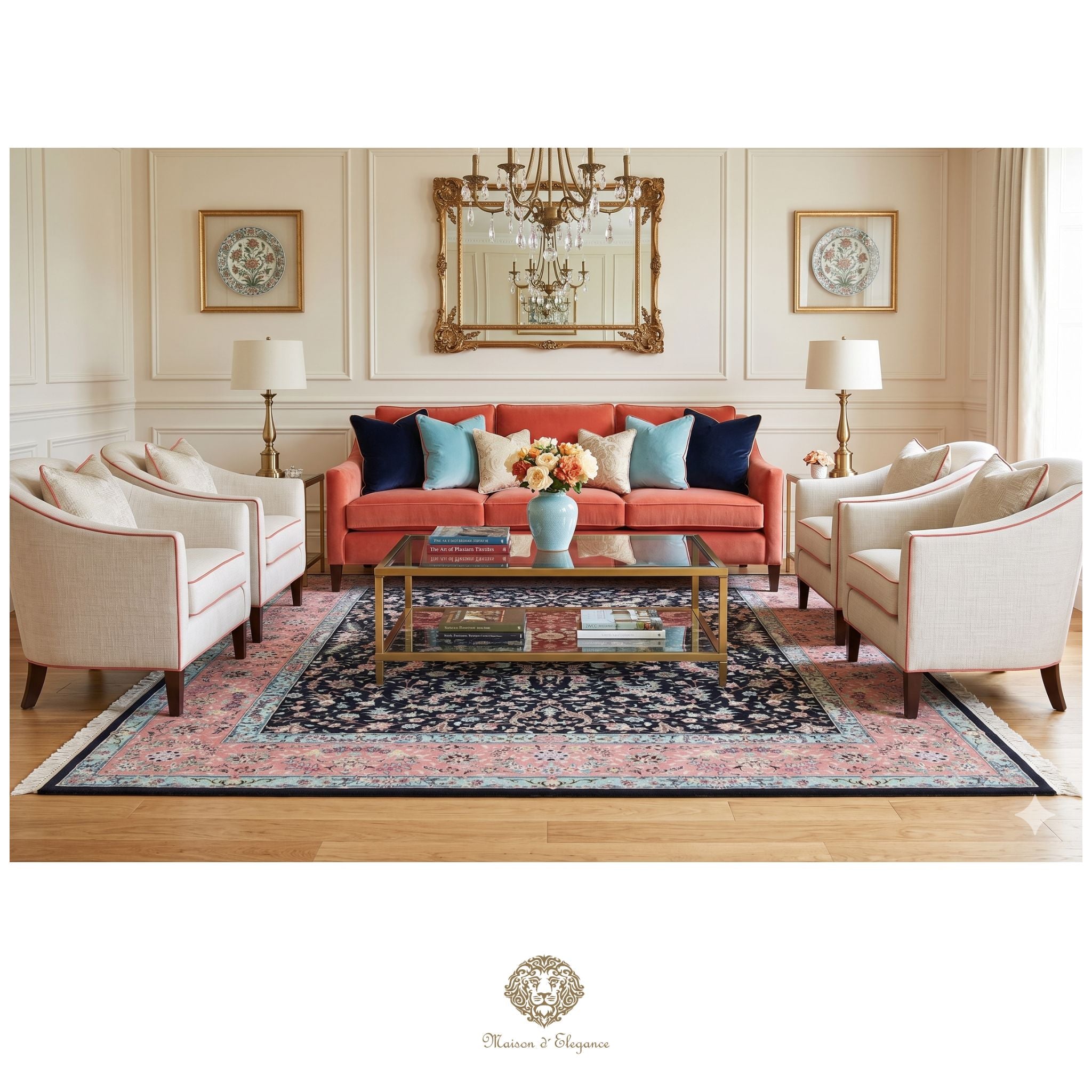 Living room with red sofa, beige armchairs, and a coffee table on a patterned rug.