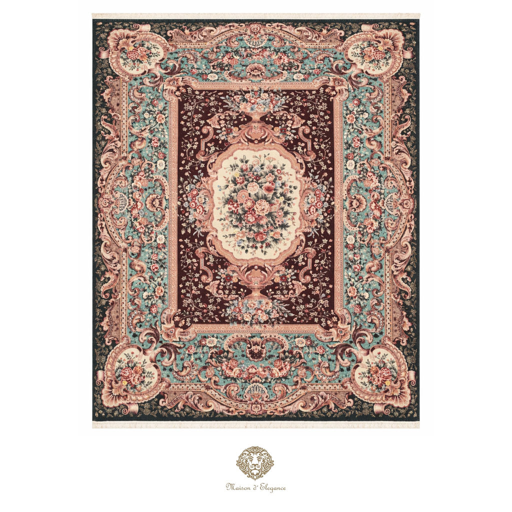 Decorative rug with intricate patterns on a white background