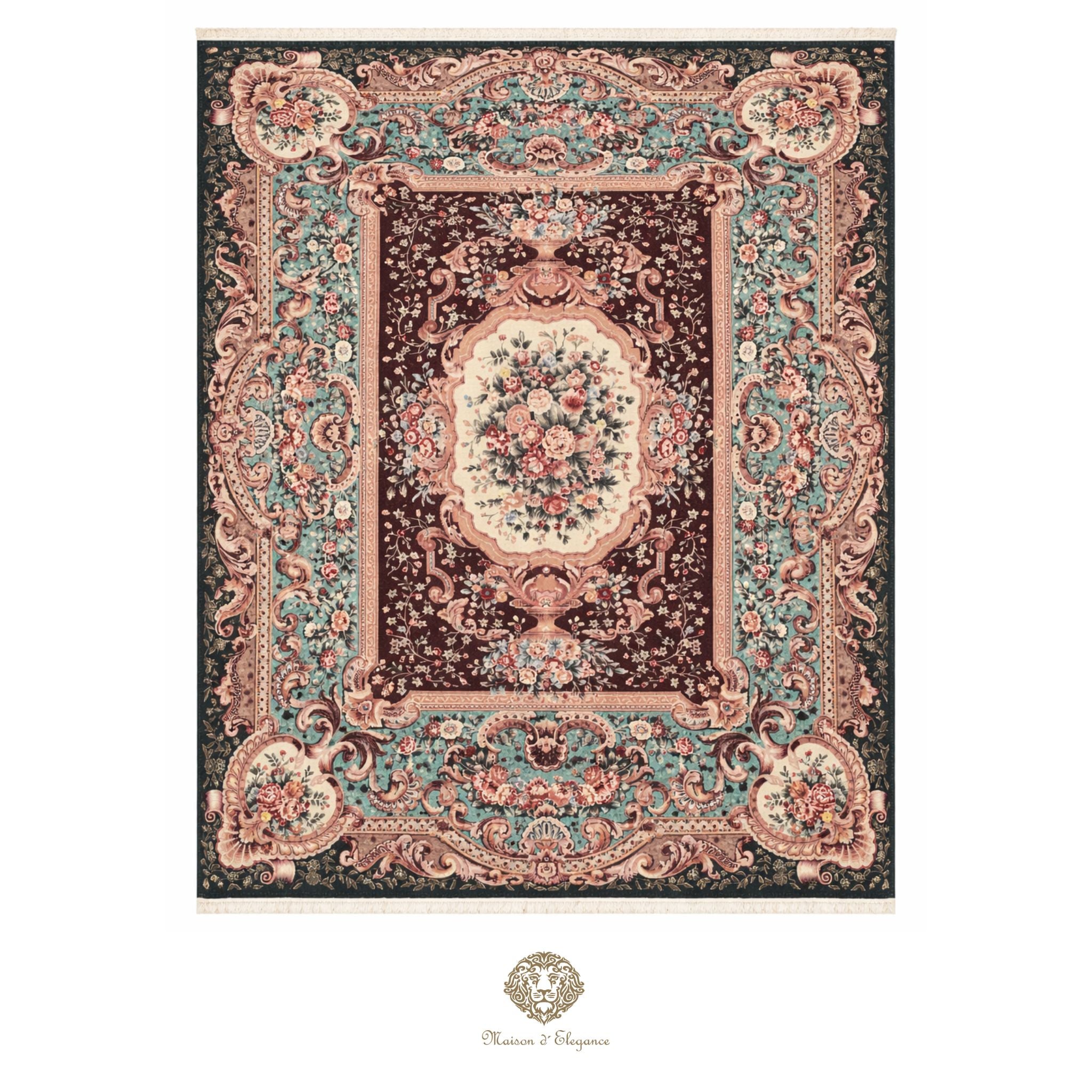 Decorative rug with intricate patterns on a white background