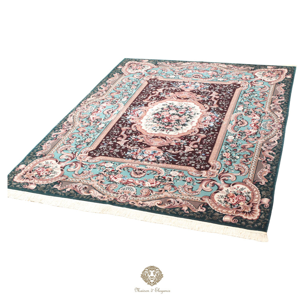 Decorative rug with intricate patterns on a white background