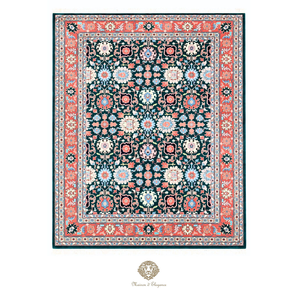 Decorative rug with floral pattern and colorful border on a verde background