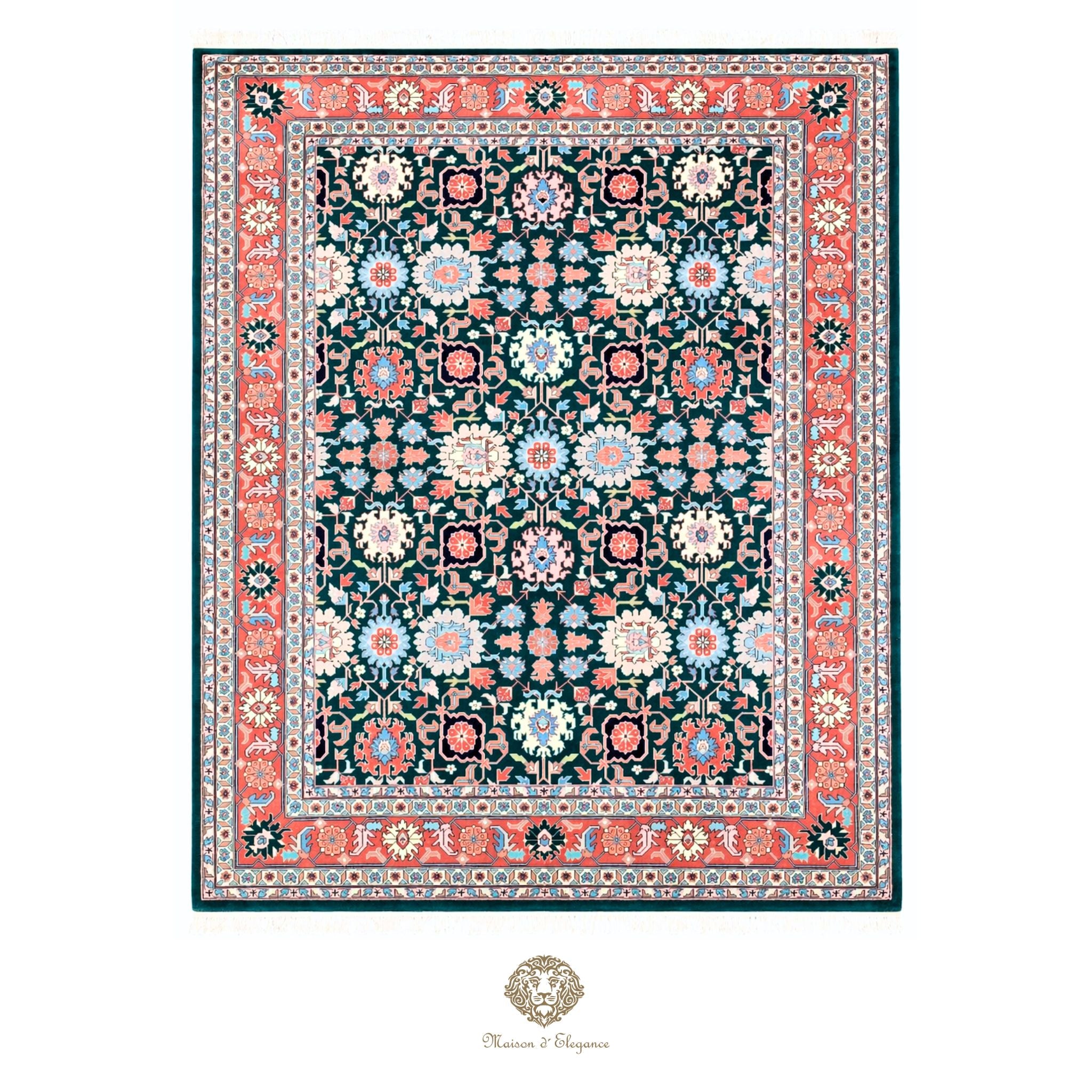 Decorative rug with floral pattern and colorful border on a verde background