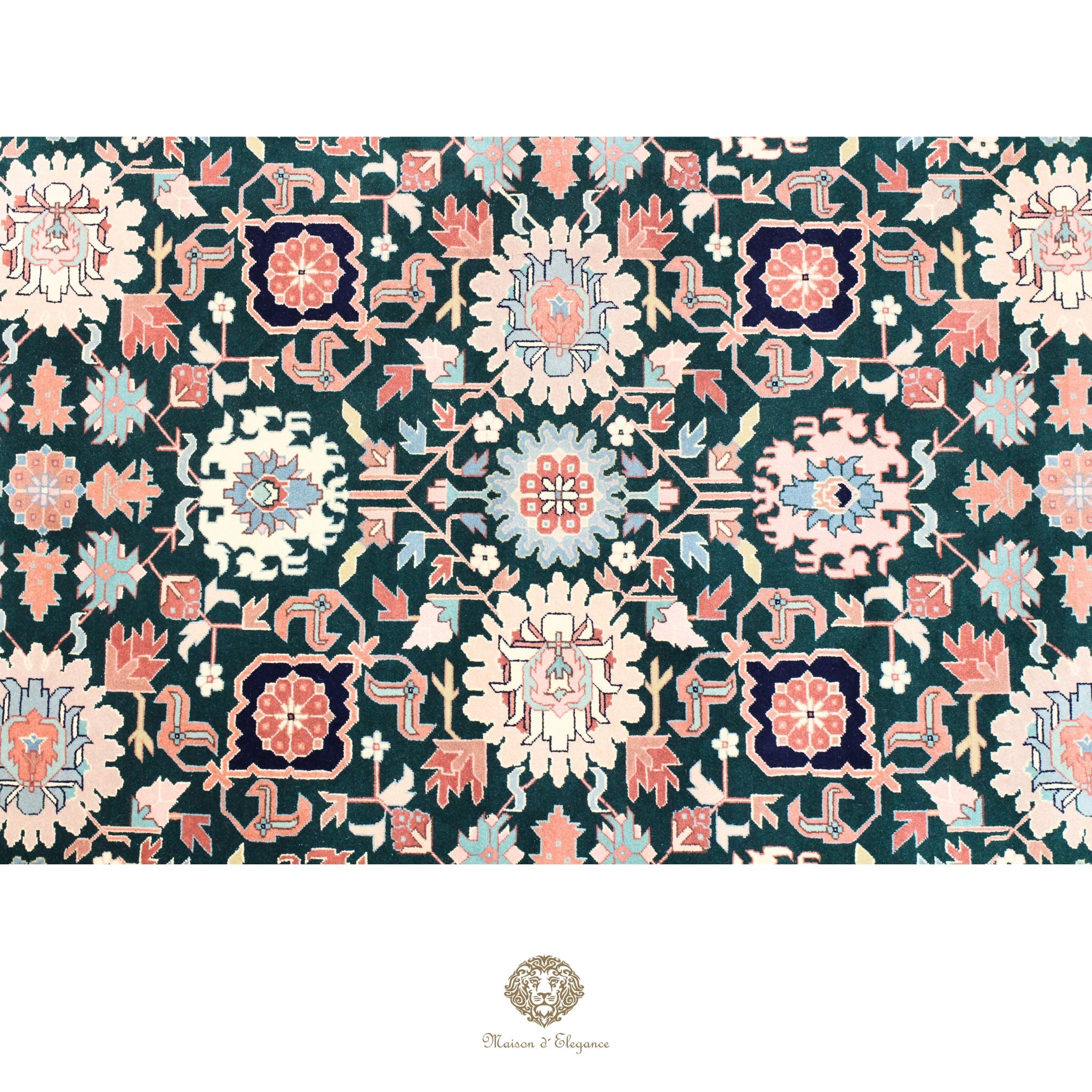Patterned design with floral and geometric elements on a dark green background, featuring the brand 'Chantilly'.