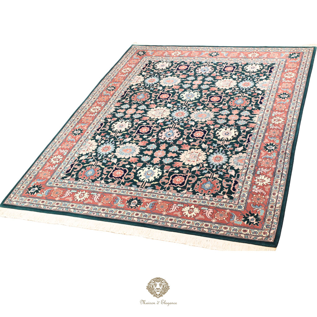 Decorative rug with floral pattern on a green background