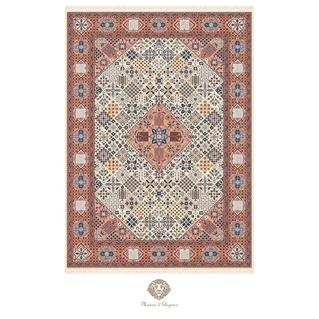 Decorative rug with intricate pattern on a white background