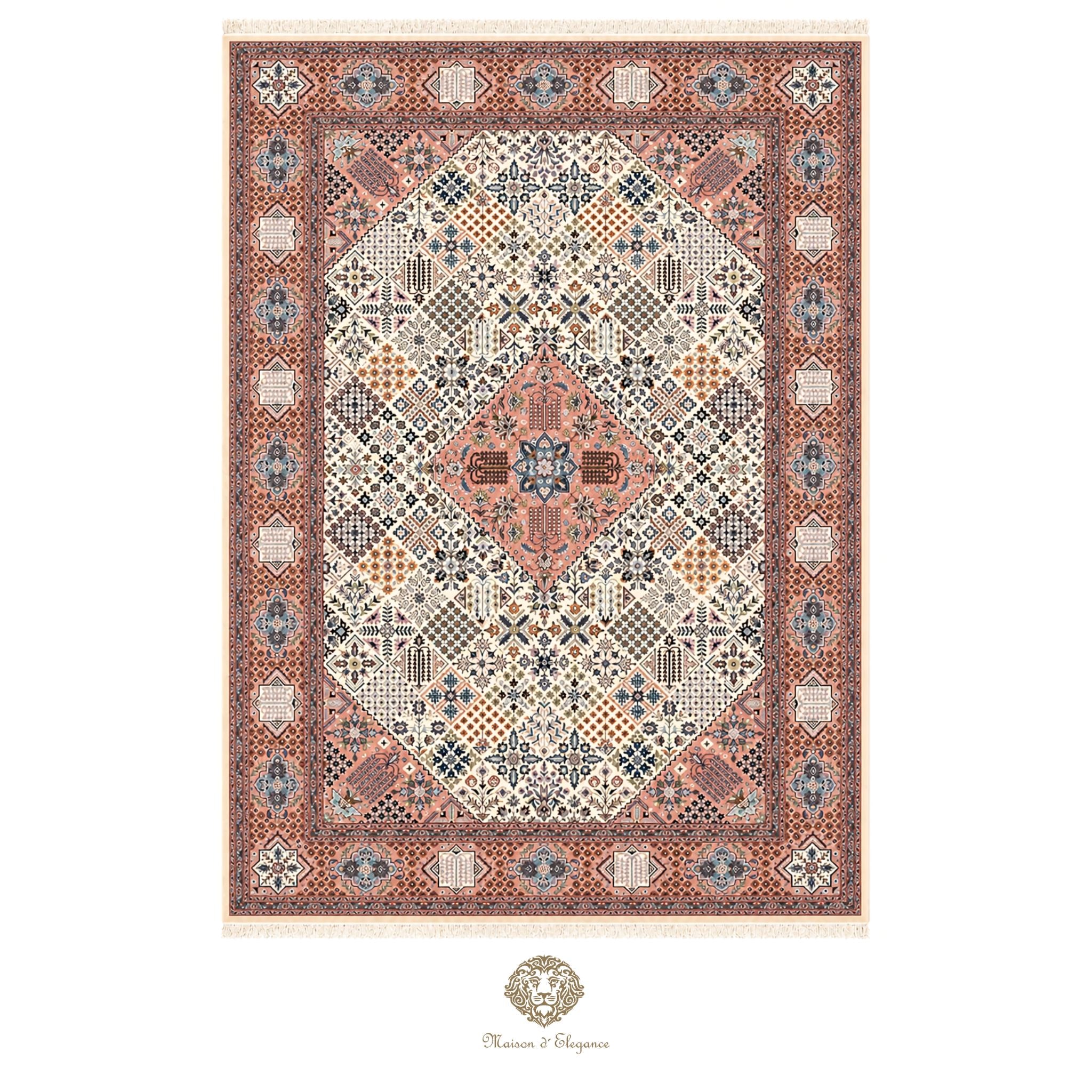 Decorative rug with intricate pattern on a white background