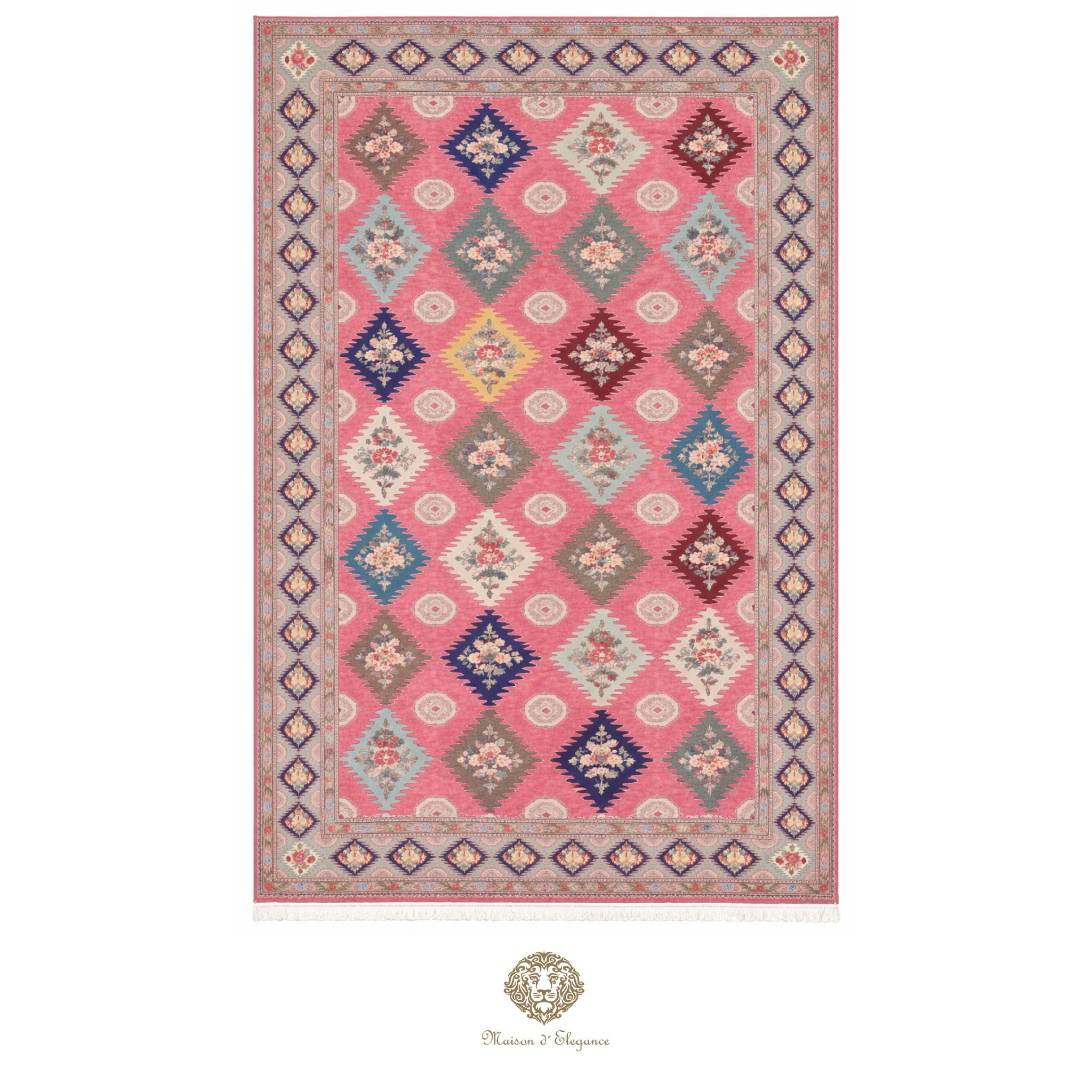 Decorative rug with a pink and multicolor pattern on a white background