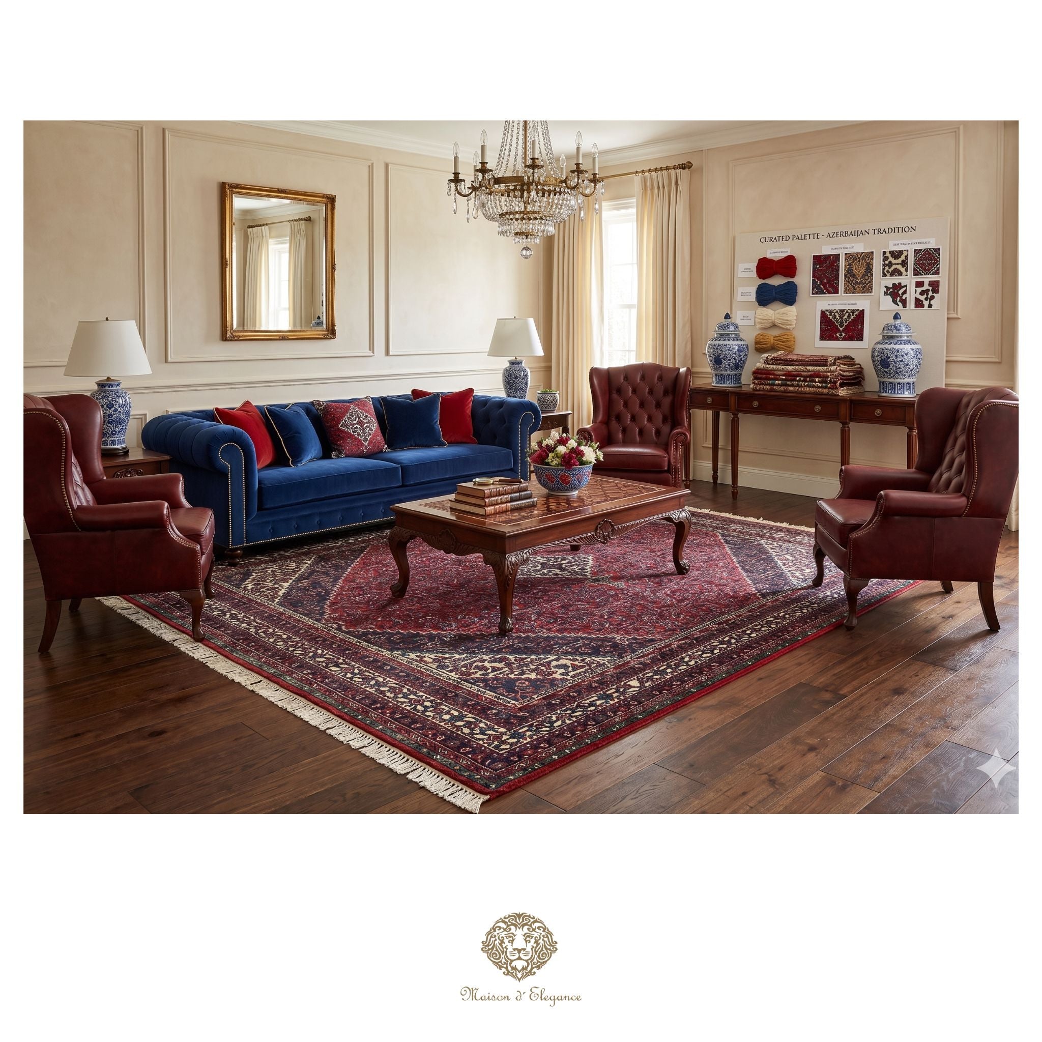 Luxurious living room with blue sofa, red armchairs, and a coffee table.