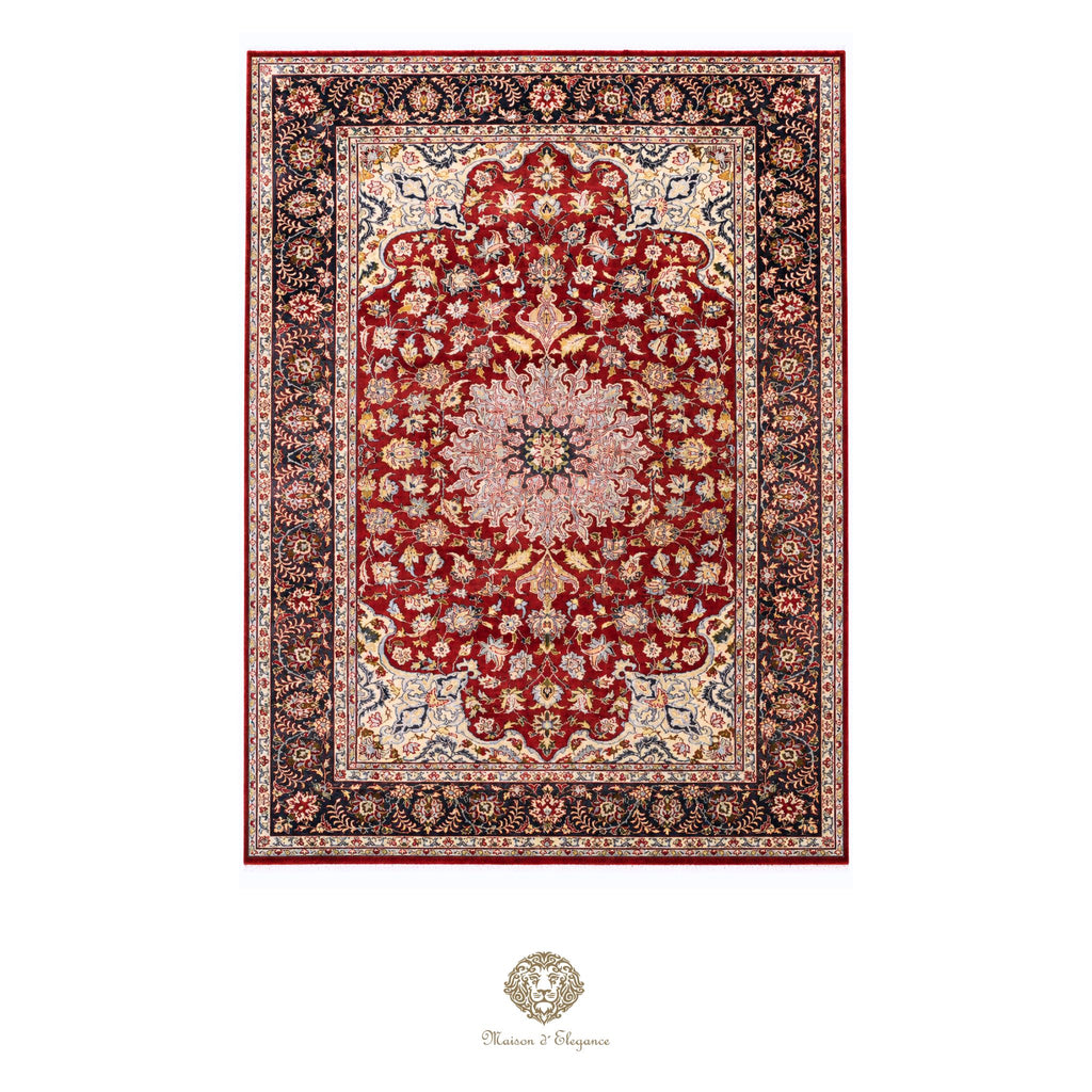 Decorative rug with intricate patterns on a red background