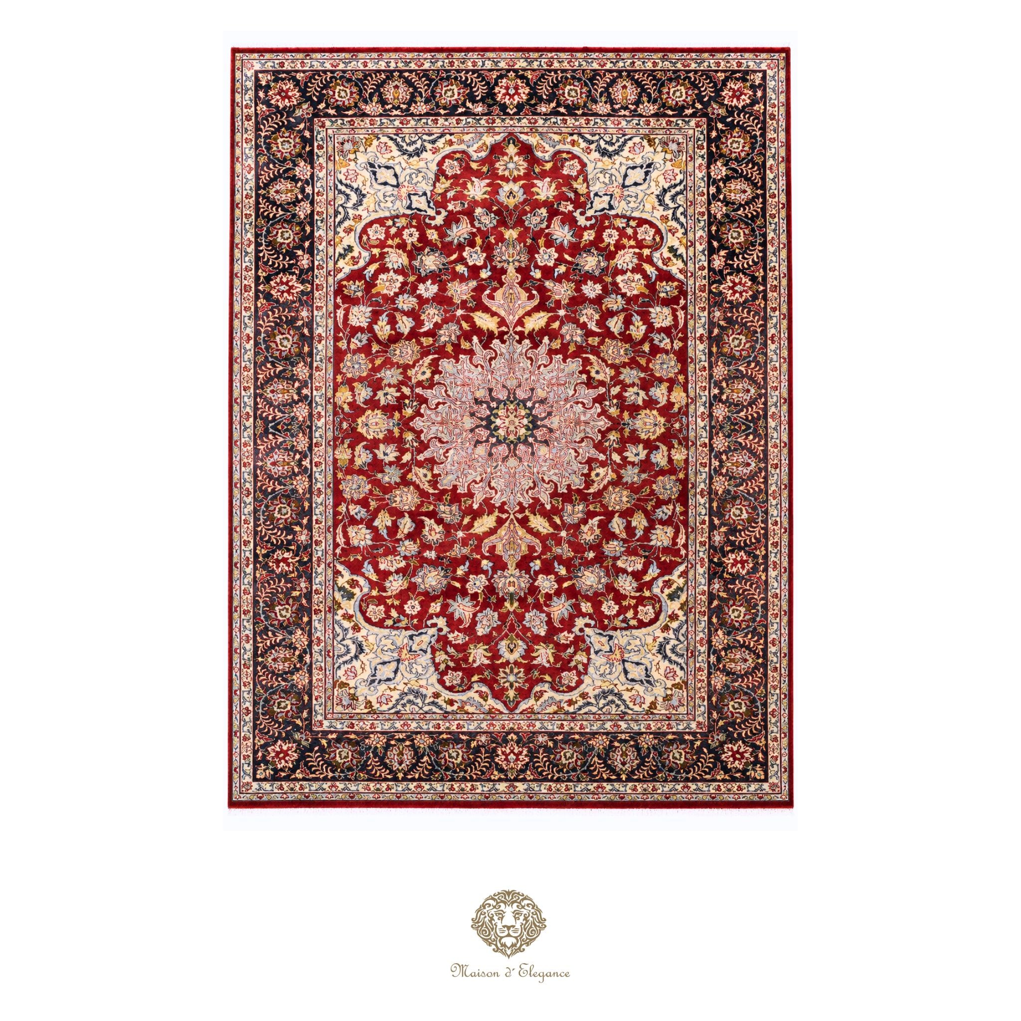 Decorative rug with intricate patterns on a red background