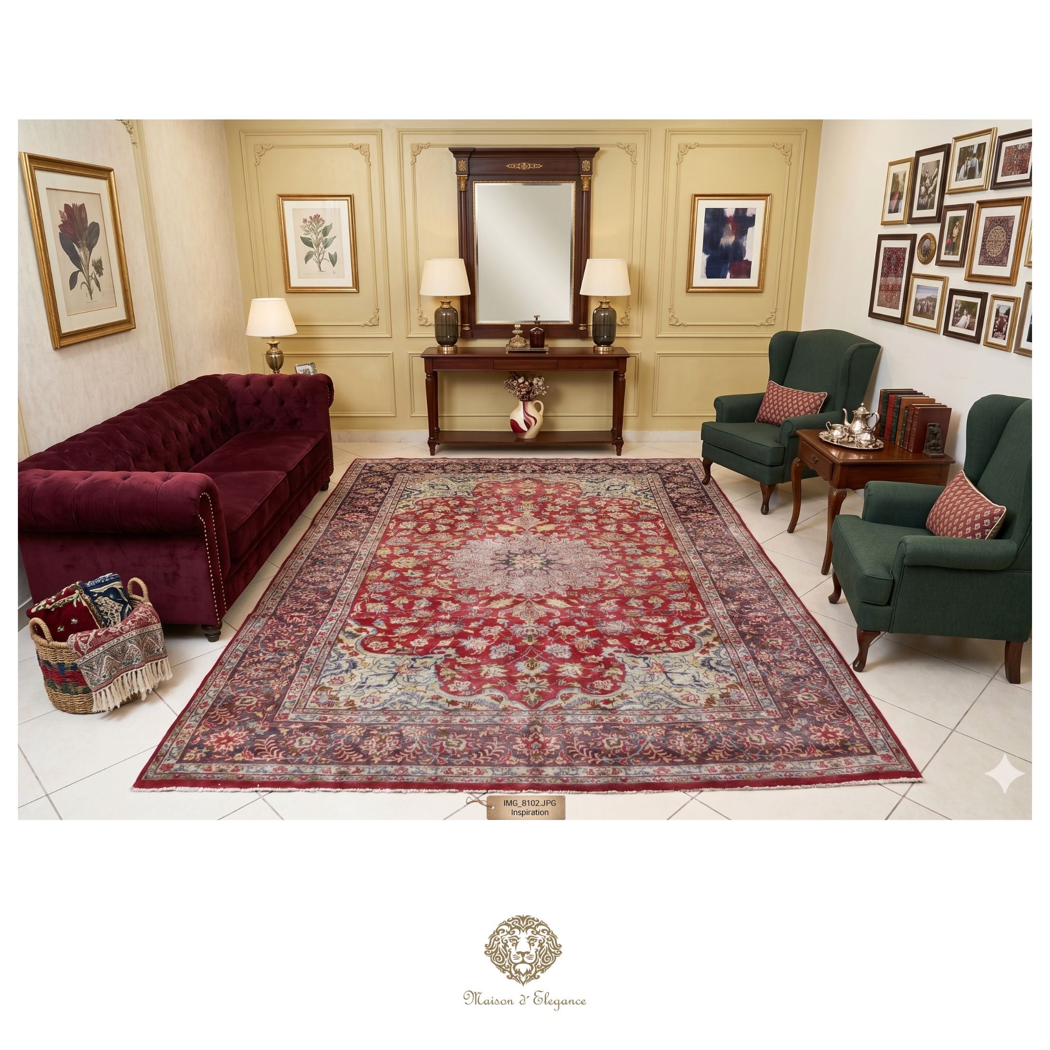Living room with a large patterned rug, red sofa, and green chairs.