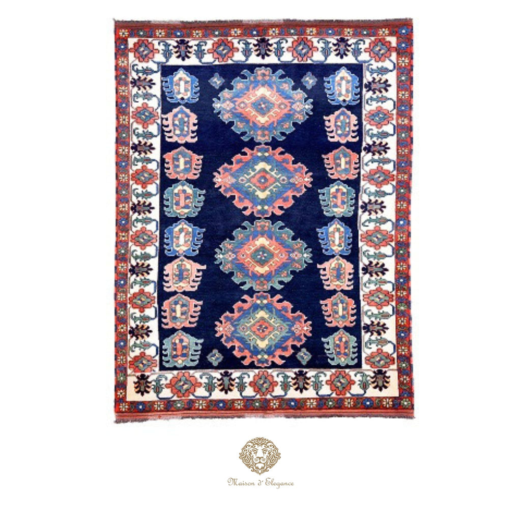 Decorative rug with geometric pattern on a navy background