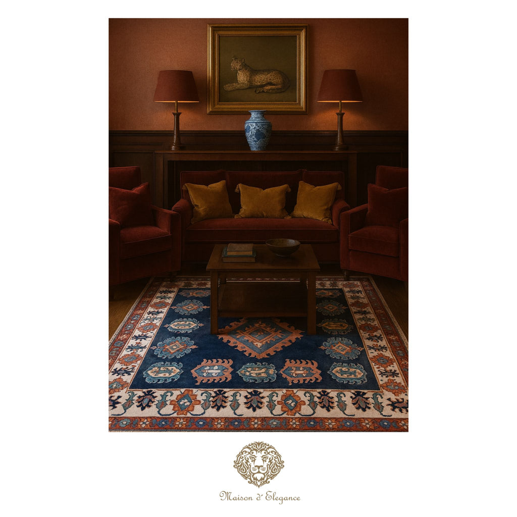 Decorative rug with intricate patterns in a room with furniture and decor.