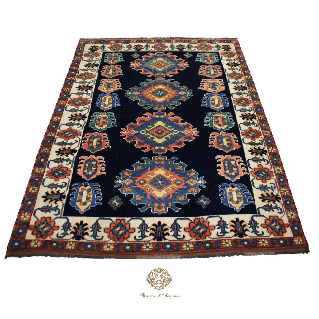 Decorative rug with geometric pattern on a navy background