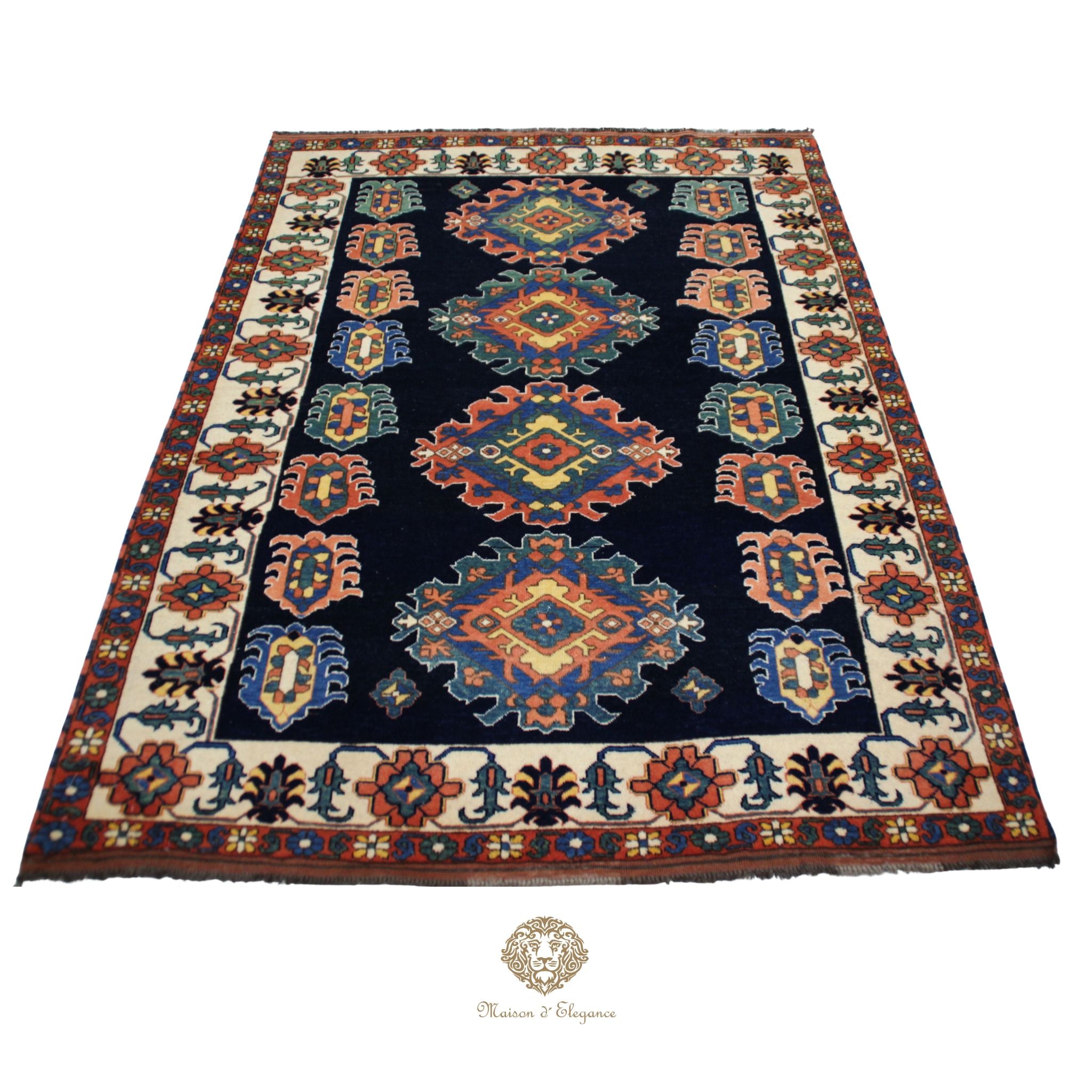 Decorative rug with geometric pattern on a navy background