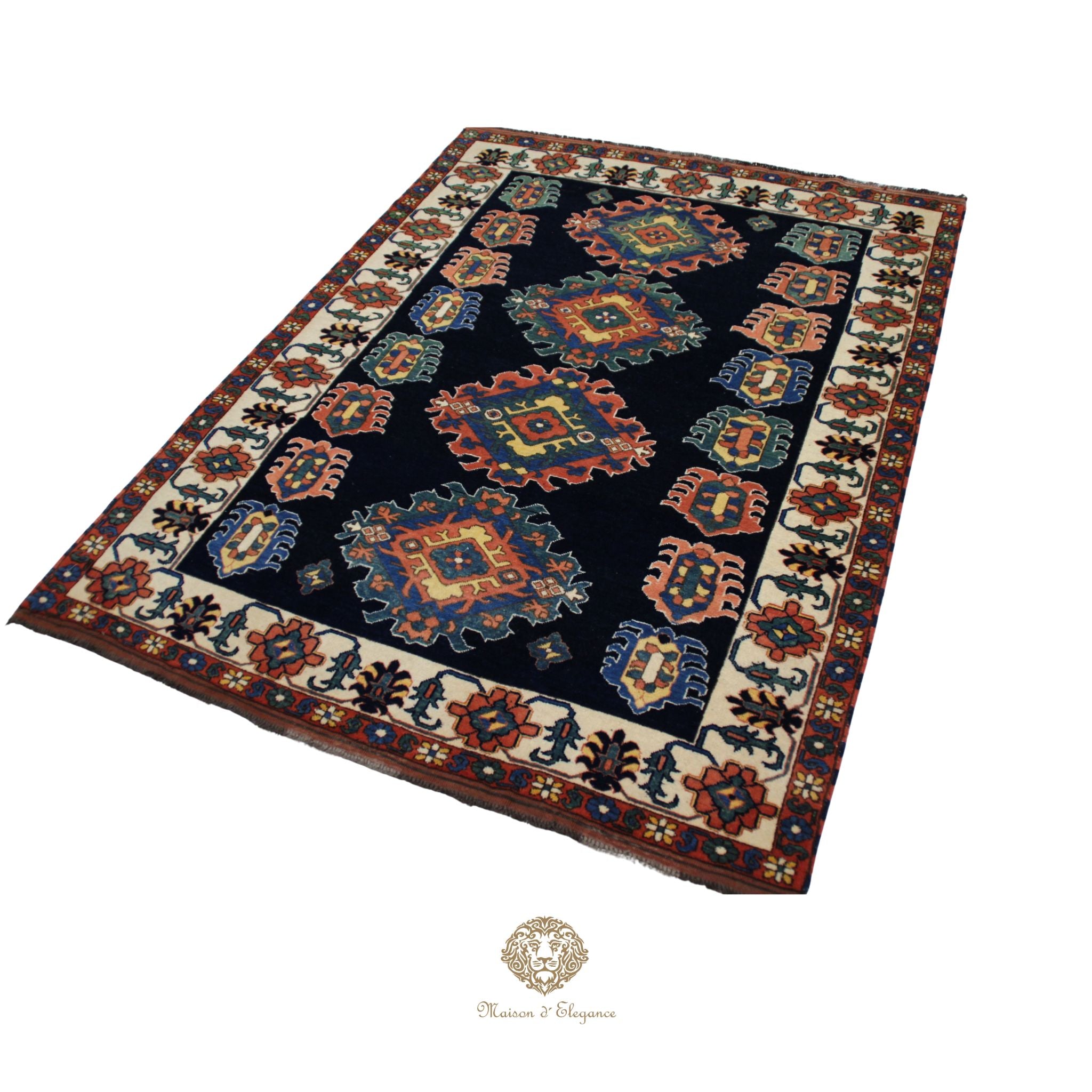Decorative rug with intricate patterns on a navy background