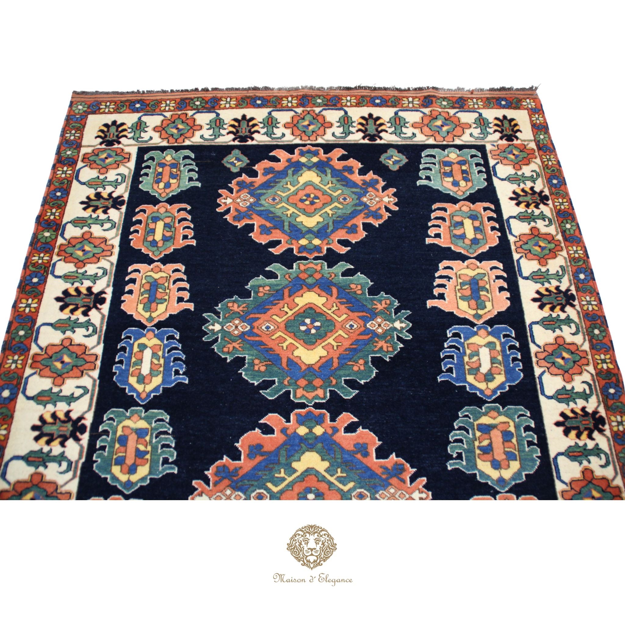Decorative rug with geometric pattern on a navy background