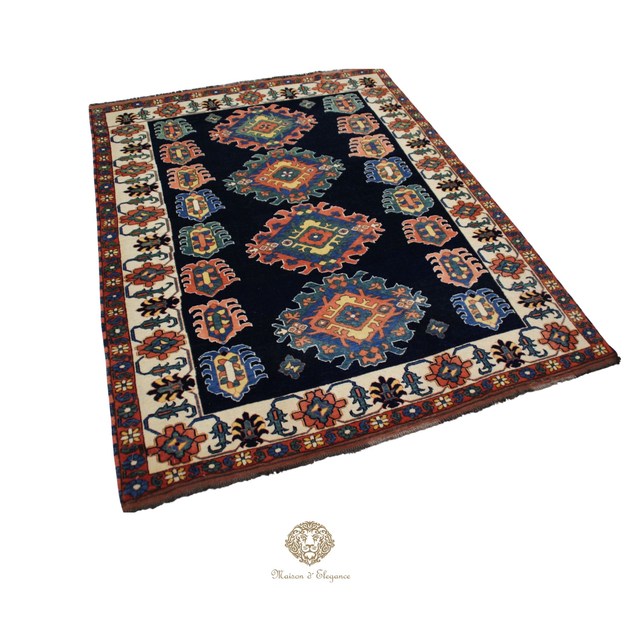 Decorative rug with intricate patterns on a navy background