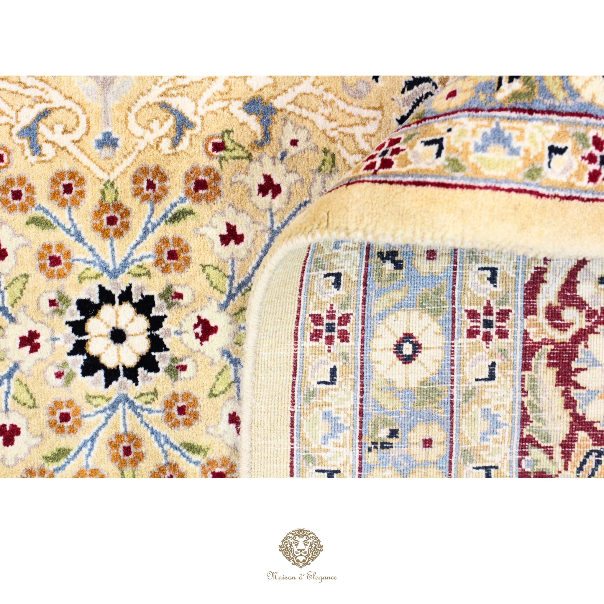 Close-up of a patterned rug with intricate designs on a white background