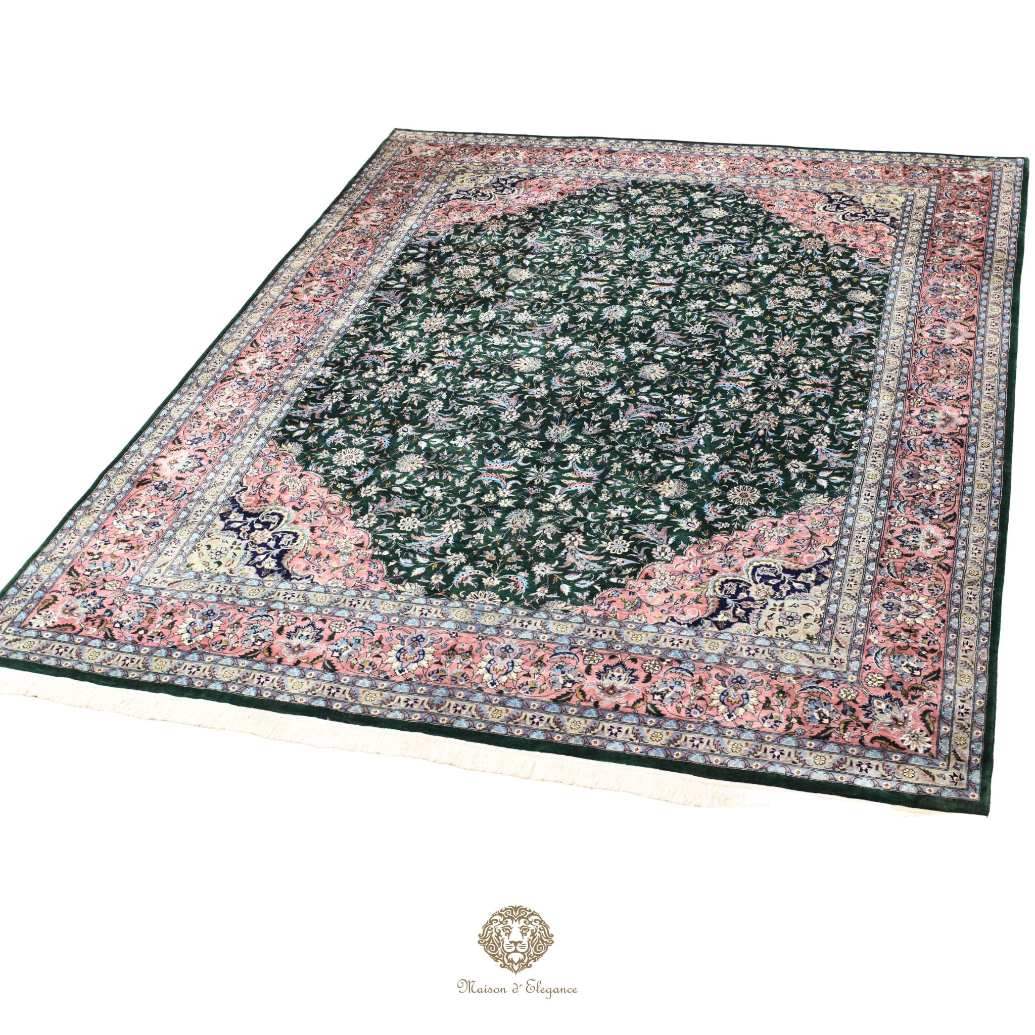 Alfombra de lana estilo Tabriz, superfina color verde marfil con diseño floral | Elegancia 280x390 cm