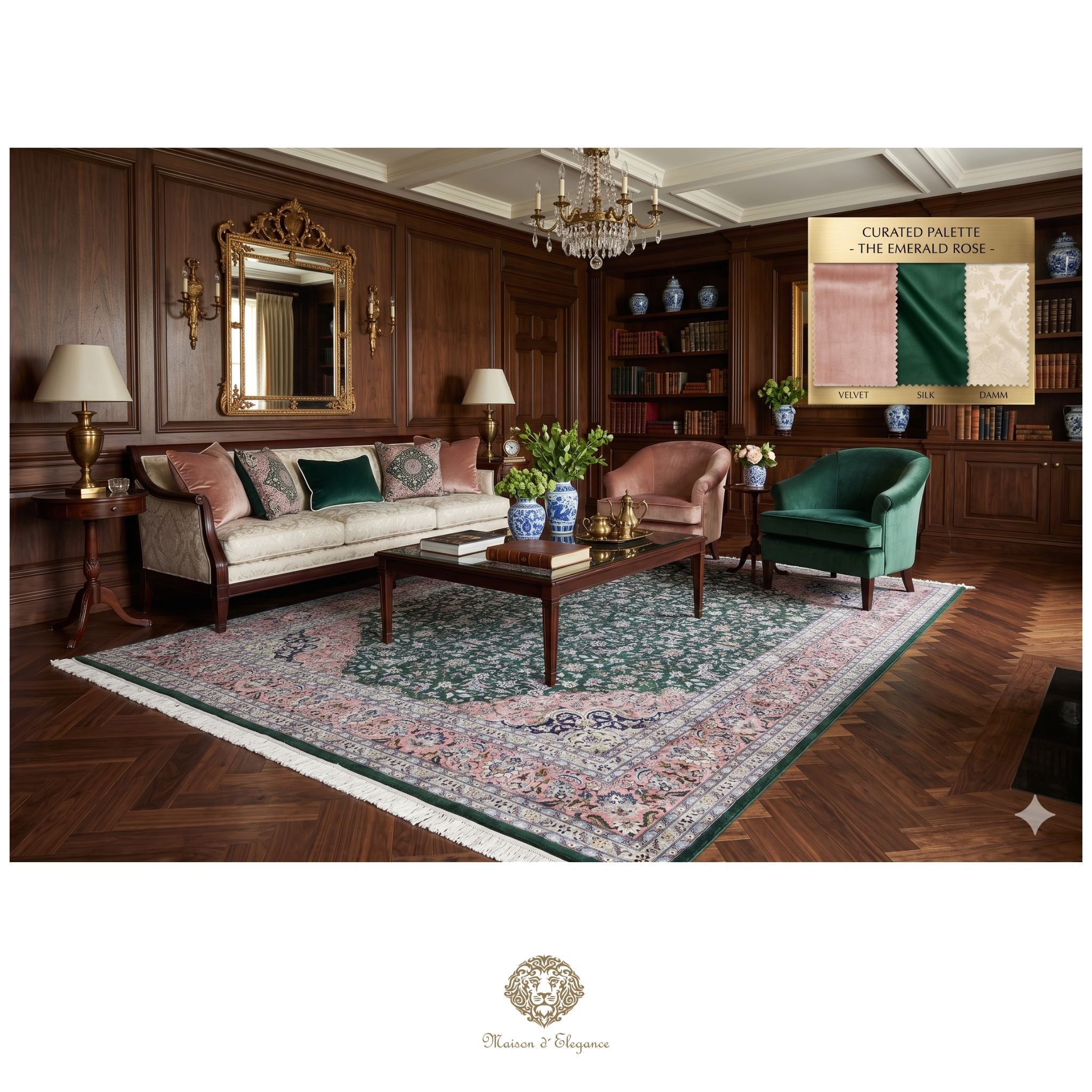 Luxurious living room with elegant furniture and decor, featuring a color palette swatch.