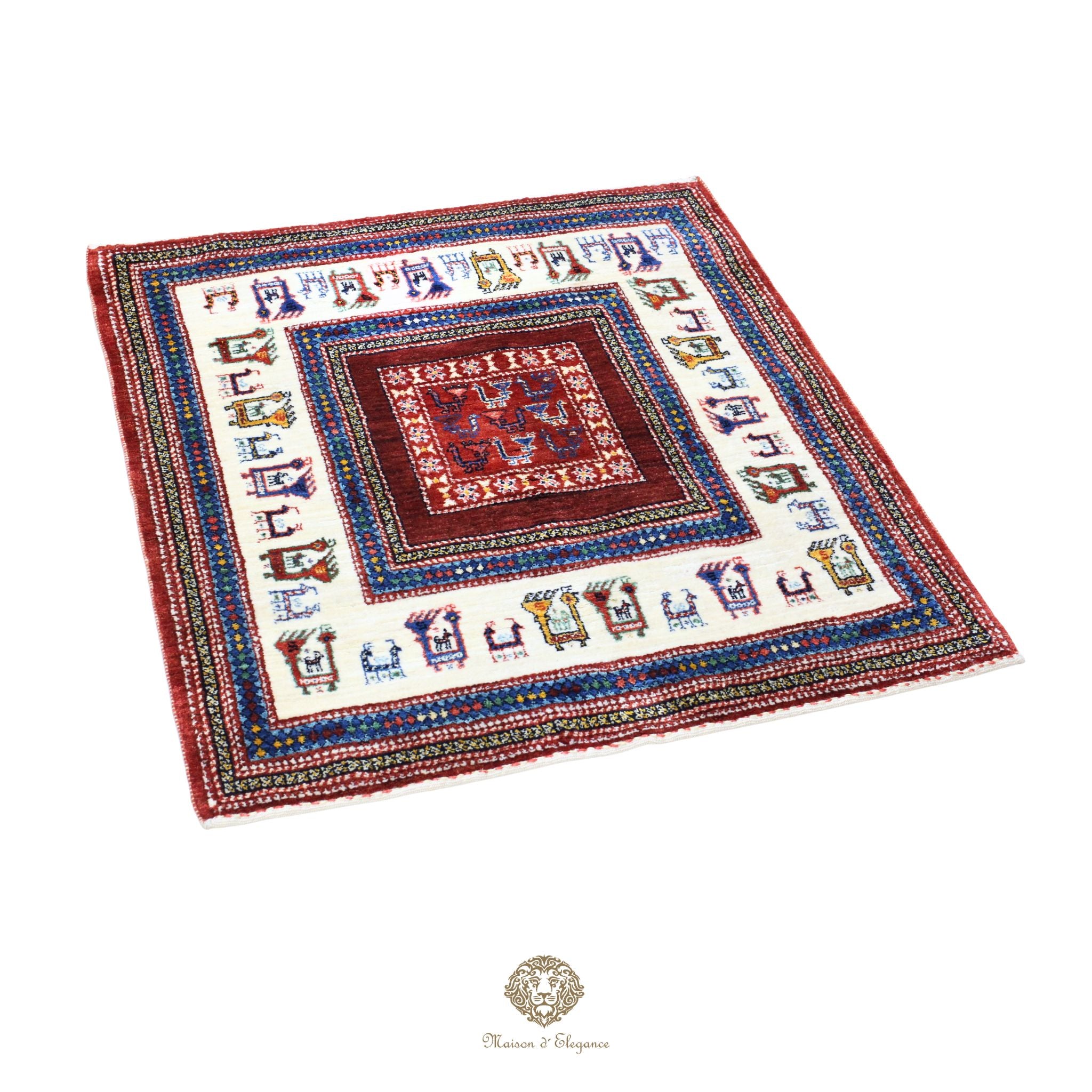 Alfombra Loribaft rojo persa Artesano nómada | Lana Artesanal diseño de animales 102x108 cm