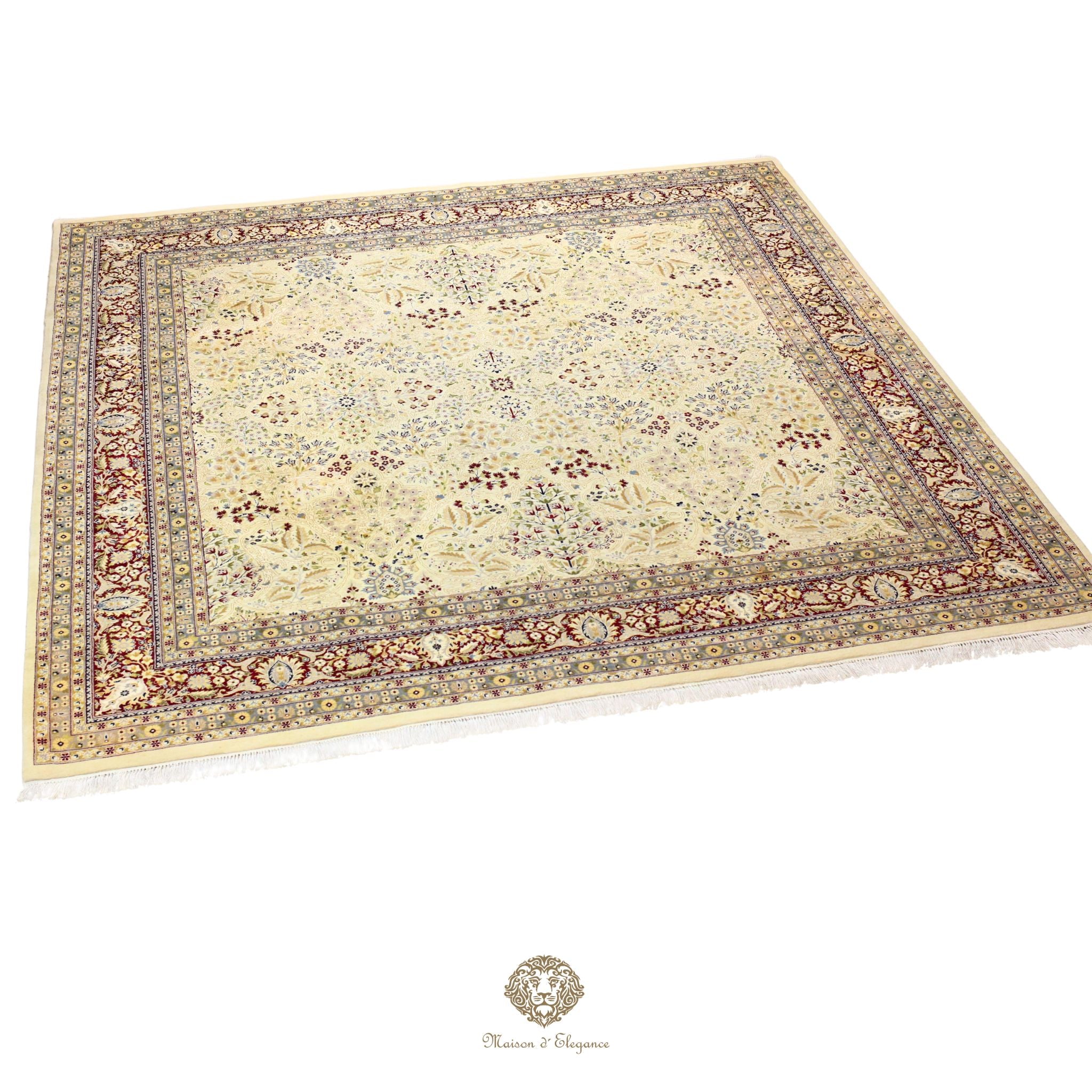 Alfombra de lana estilo Tabriz, superfina color verde marfil con diseño floral | Elegancia 278 x 304 cm