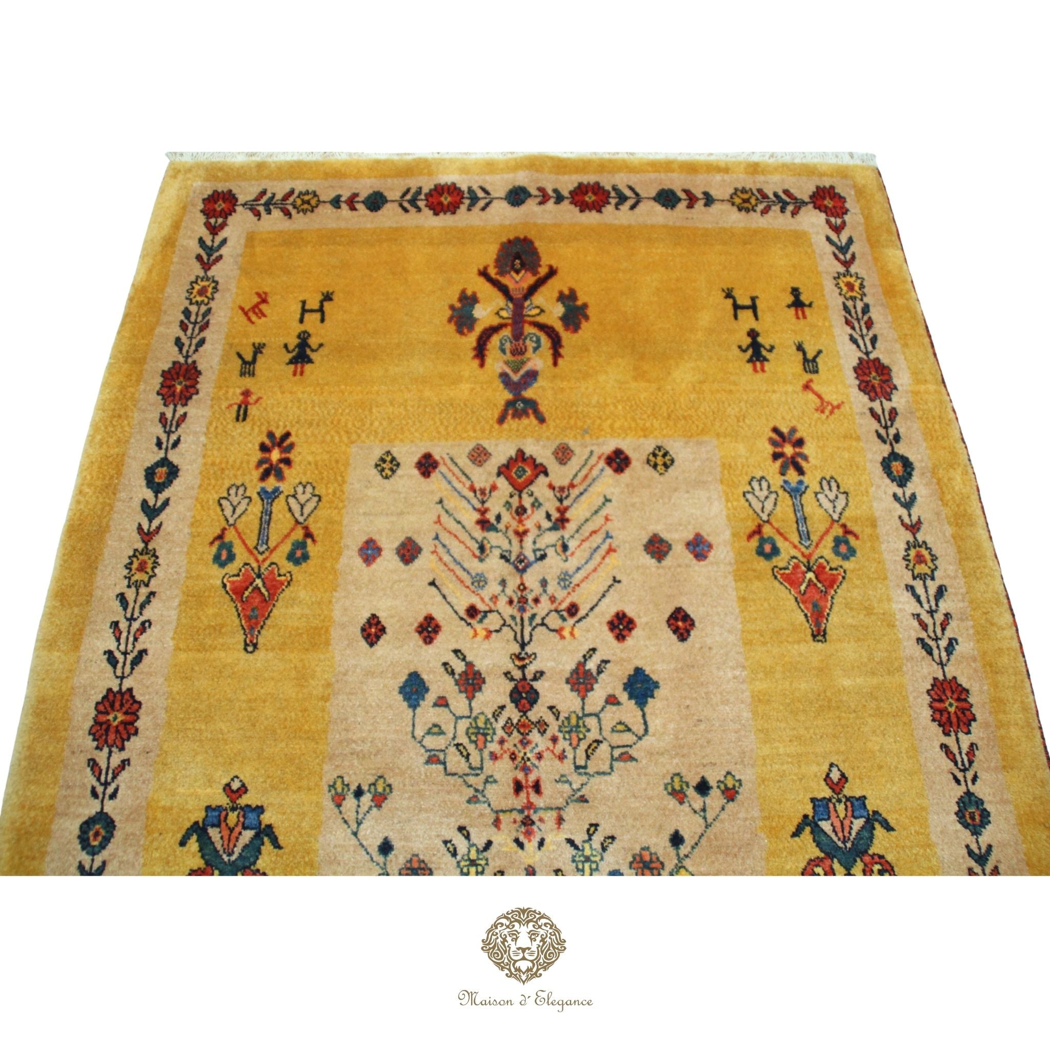 Decorative rug with intricate patterns on a  gold background
