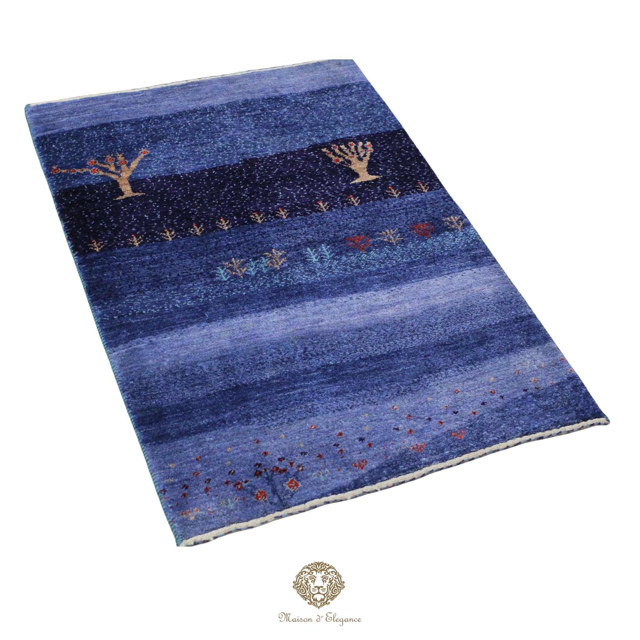 Blue striped rug with decorative patterns on a white background