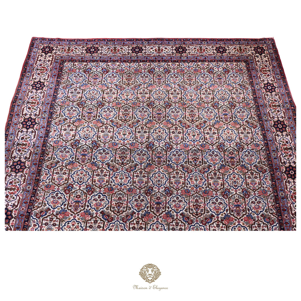 Alfombra persa antigua de lana Qum | Diseño floral integral 218 x 340 cm