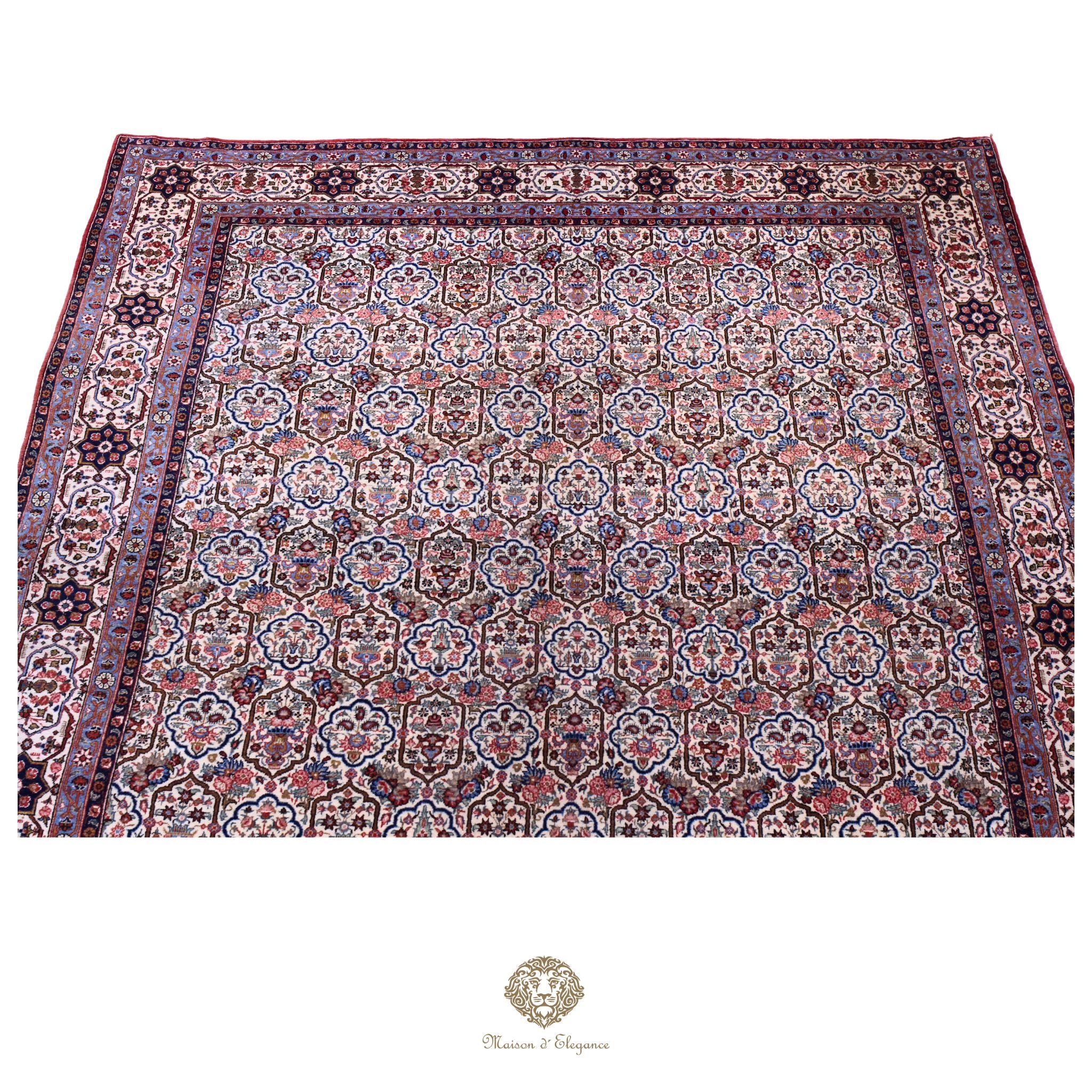 Alfombra persa antigua de lana Qum | Diseño floral integral 218 x 340 cm