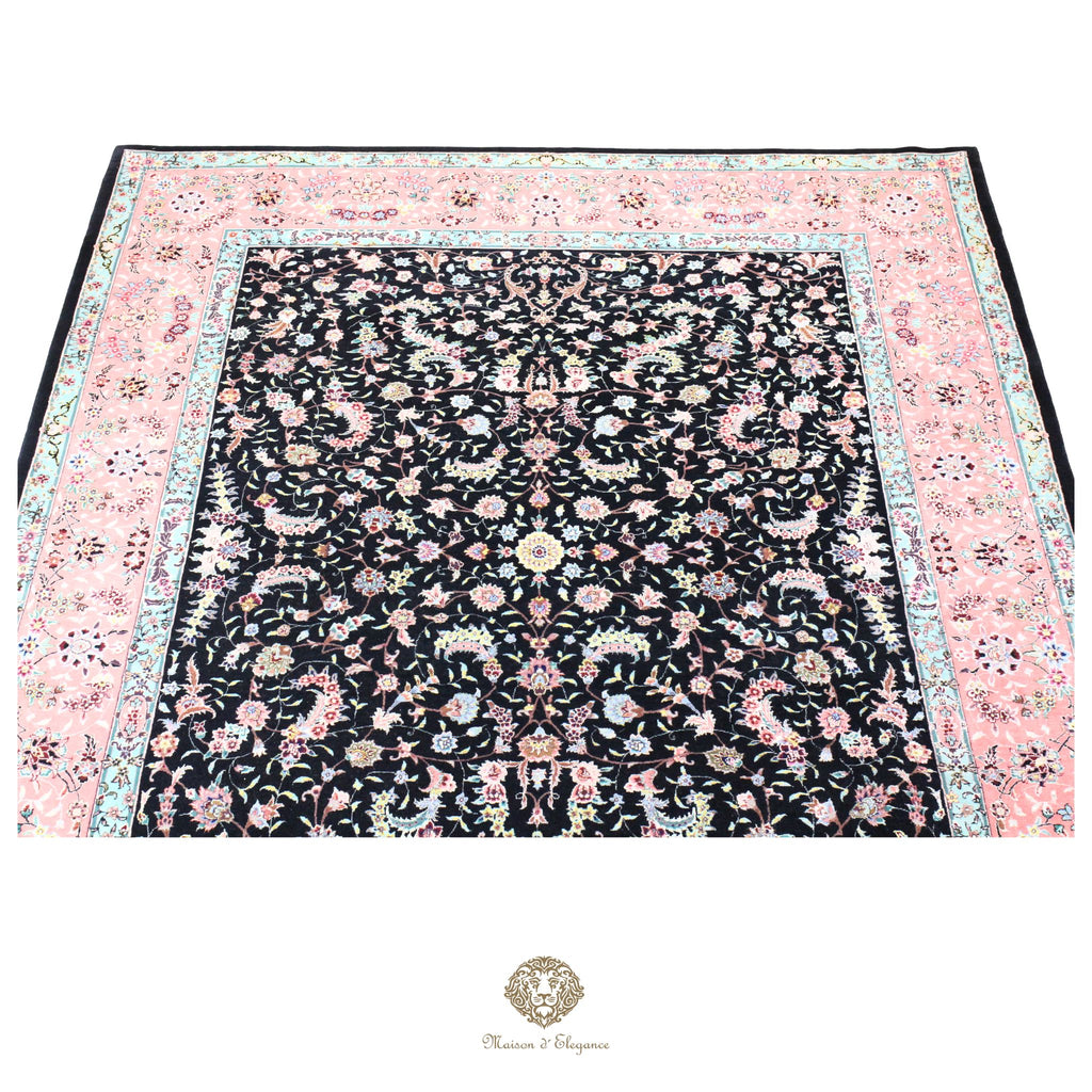 Alfombra de lana estilo Tabriz, superfina color negro marfil con diseño floral | Elegancia 243x330 cm