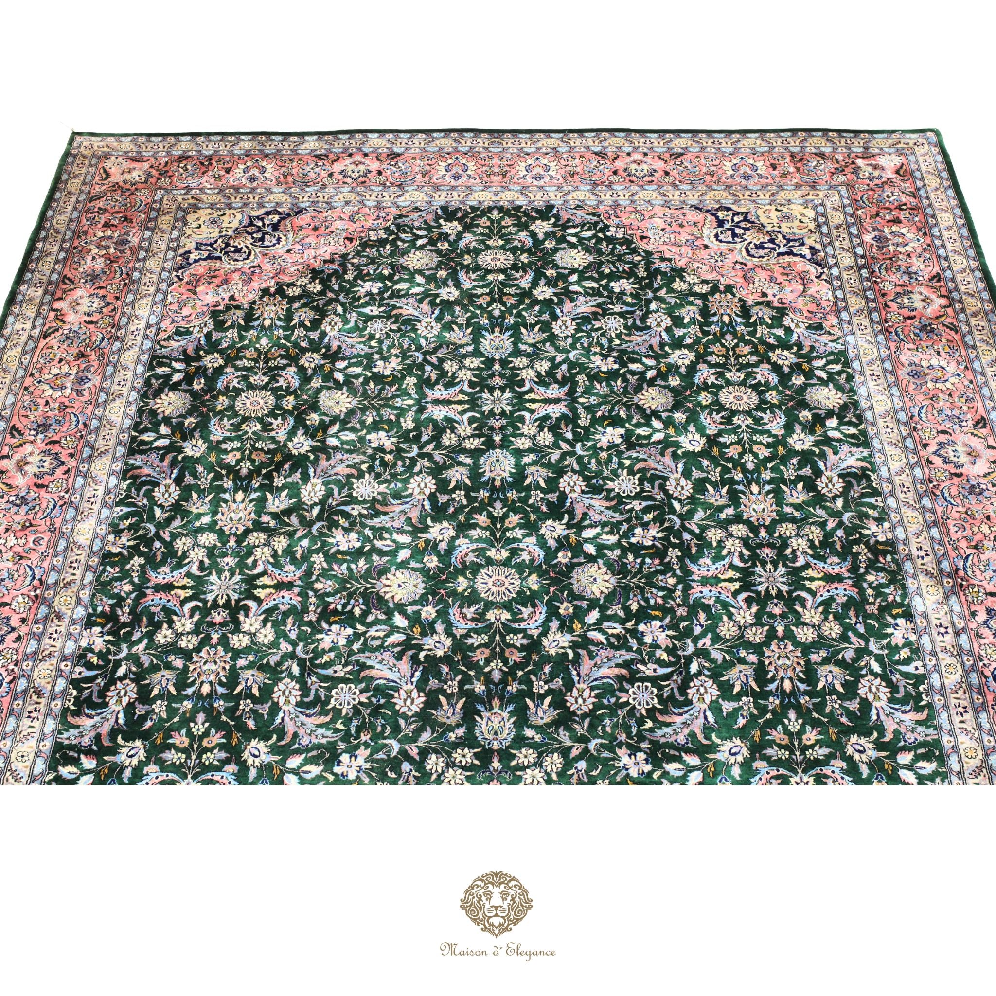 Alfombra de lana estilo Tabriz, superfina color verde marfil con diseño floral | Elegancia 280x390 cm