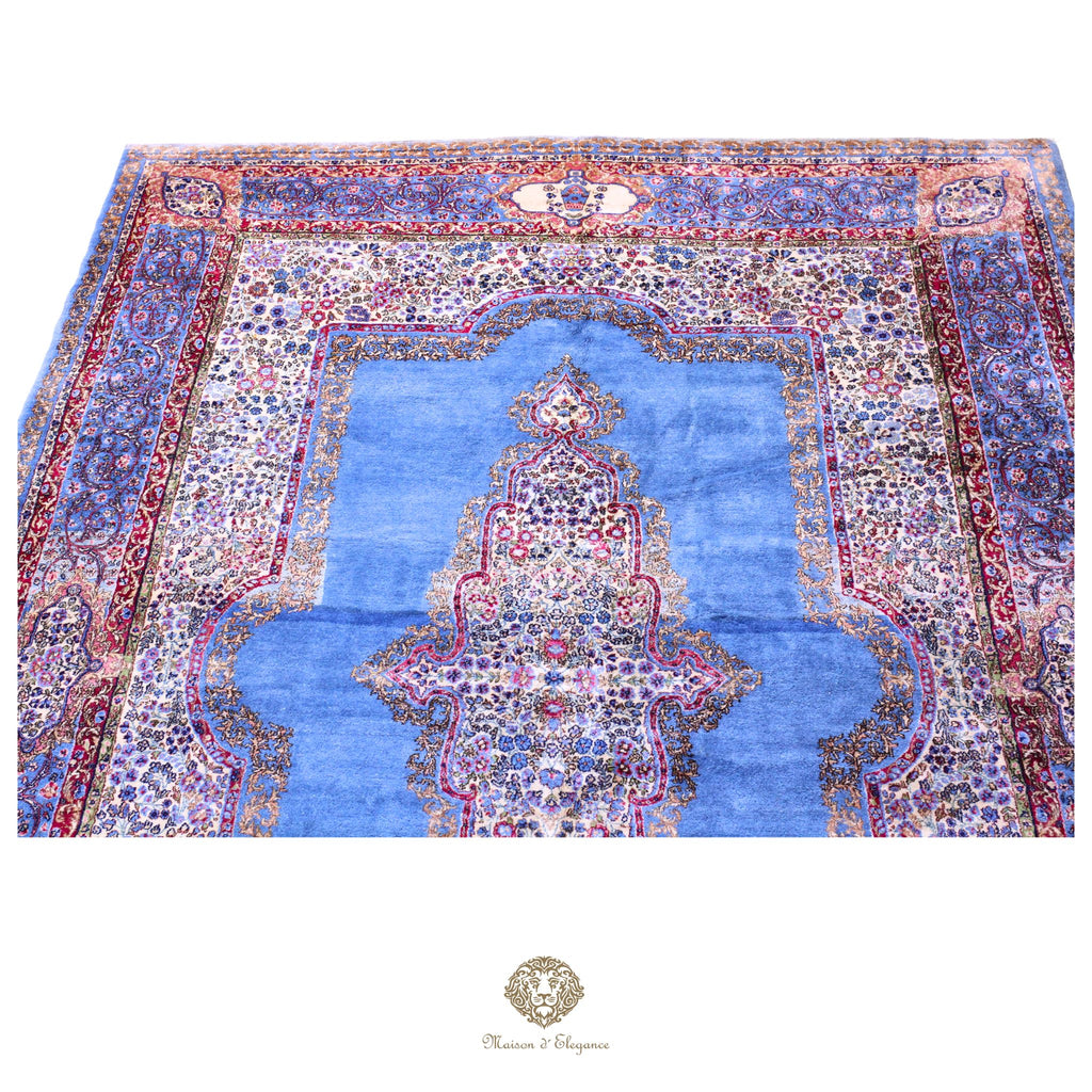 Alfombra persa antigua de lana Kerman Lavar | Diseño floral con medallón 265 x 381 cm