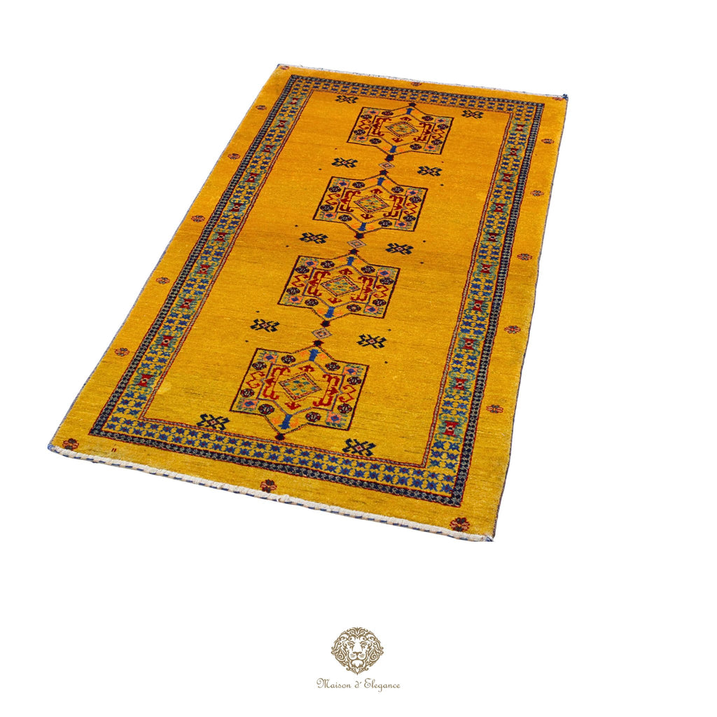 Alfombra persa Kashkuli amarilla tribal | Gabbeh de lana hecha a mano 87 x 160 cm